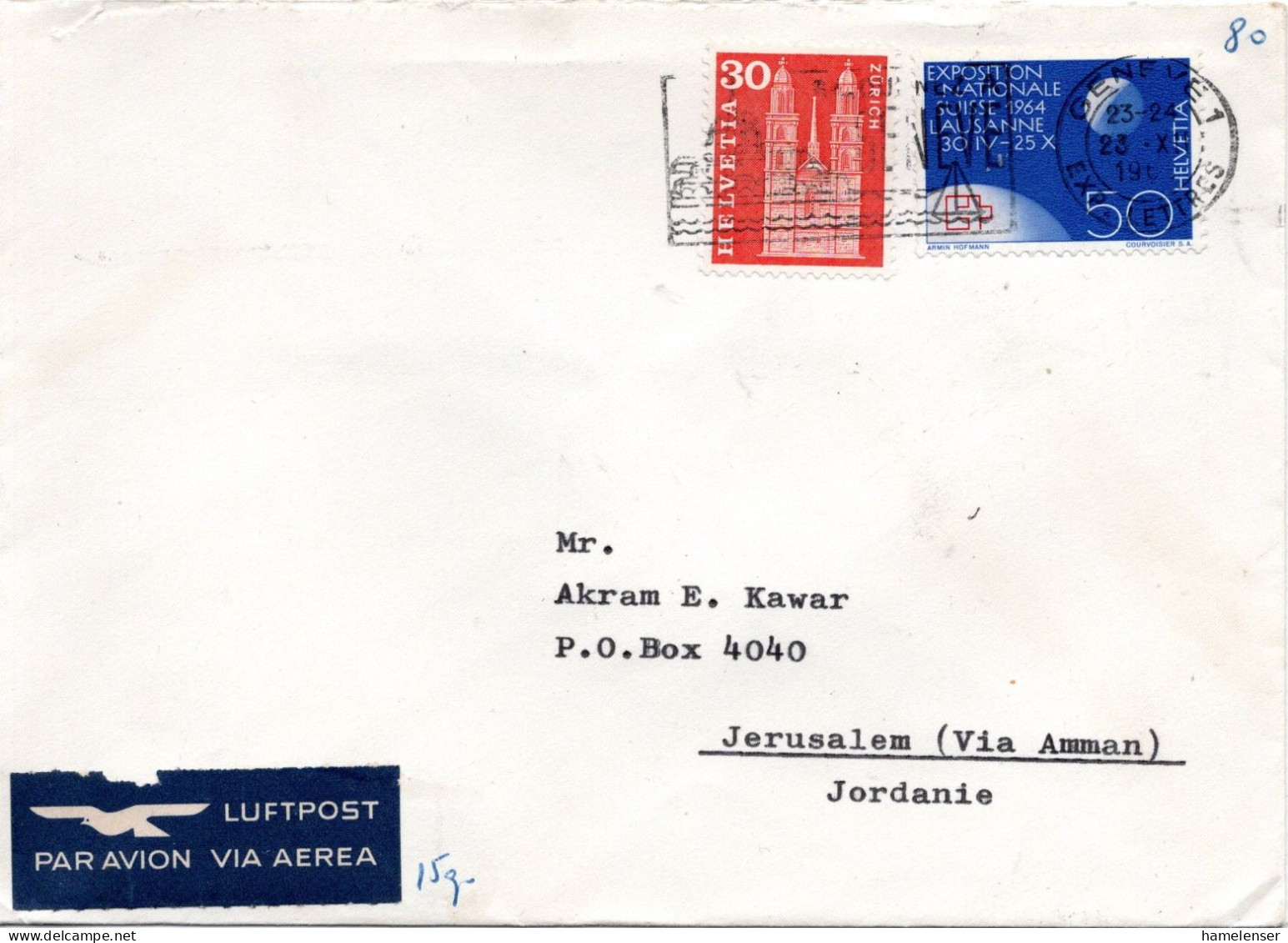 75206 - Schweiz - 1965 - 50Rp Nationalausstellung MiF A LpBf GENEVE - ... -> JERUSALEM (Jordanien) - Brieven En Documenten