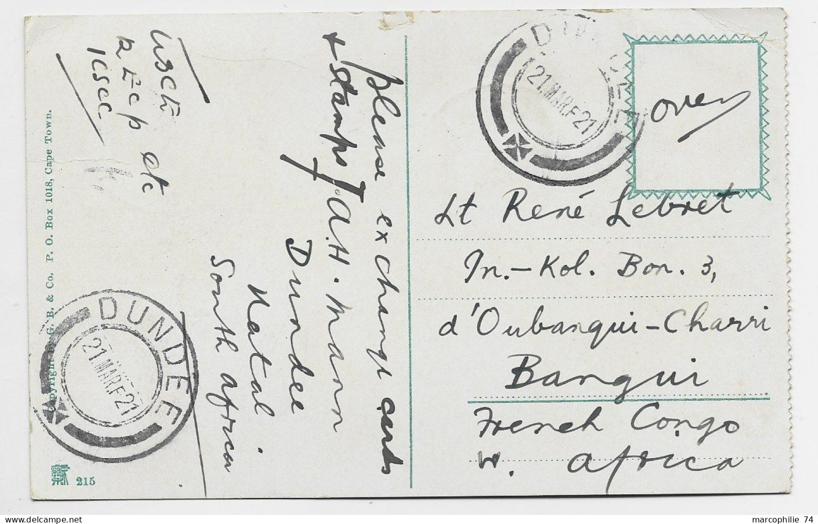 SUR AFRICA 1D+1/2D+1 1/2D   AU RECTO CARTE DUNDEE 1921 TO OUBANGUI CHARI AFRIQUE - Covers & Documents