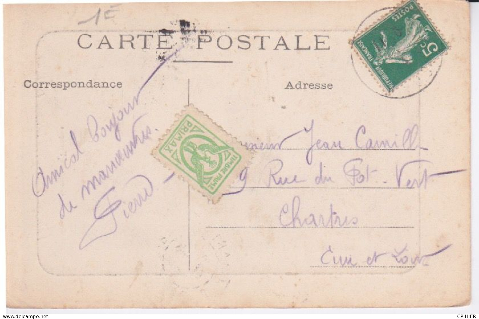 VIGNETTE VERTE PRIMA - TIMBRE PRIME COLLE SUR CPA - LABEYCOURT MEUSE - - Lettere