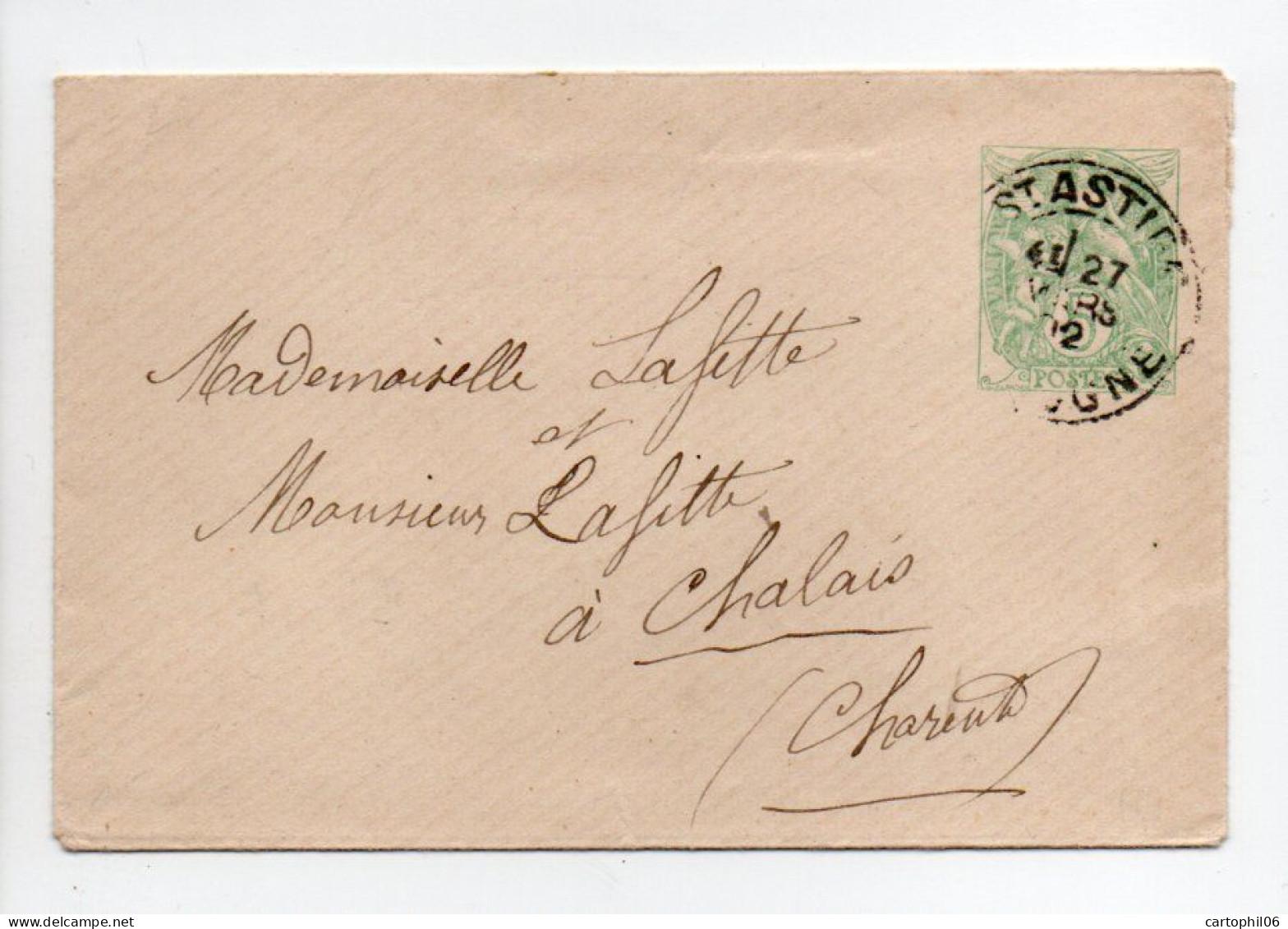 - Entier Postal SAINT-ASTIER (Dordogne) Pour CHALAIS (Charente) 27.3.1902 - 5 C. Vert-jaune Type Blanc - Date 114 - - Enveloppes Types Et TSC (avant 1995)