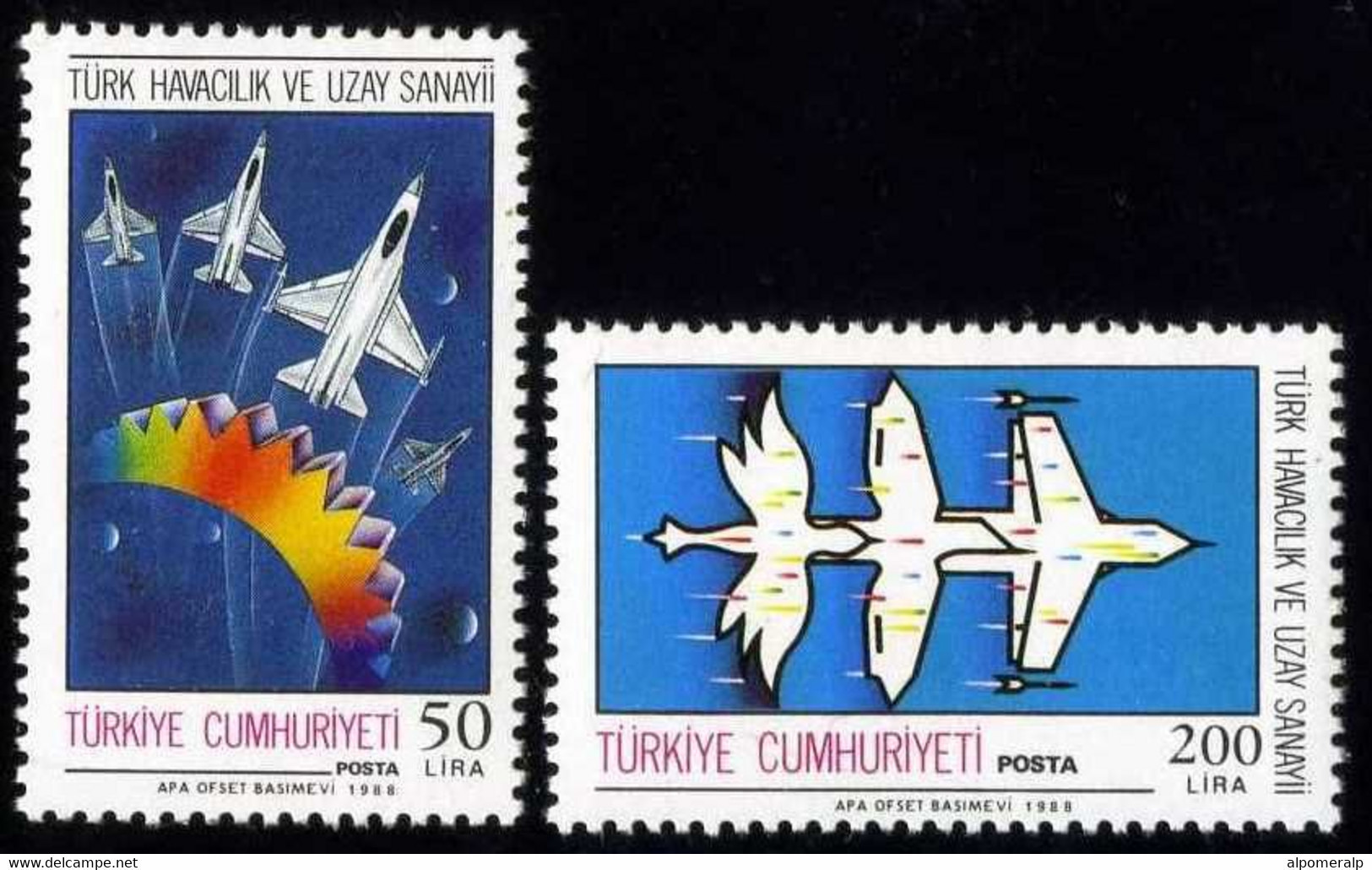 Türkiye 1988 Mi 2831-2832 MNH Jets, General Dynamics F-16 "Fighting Falcon" And Gear - Unused Stamps