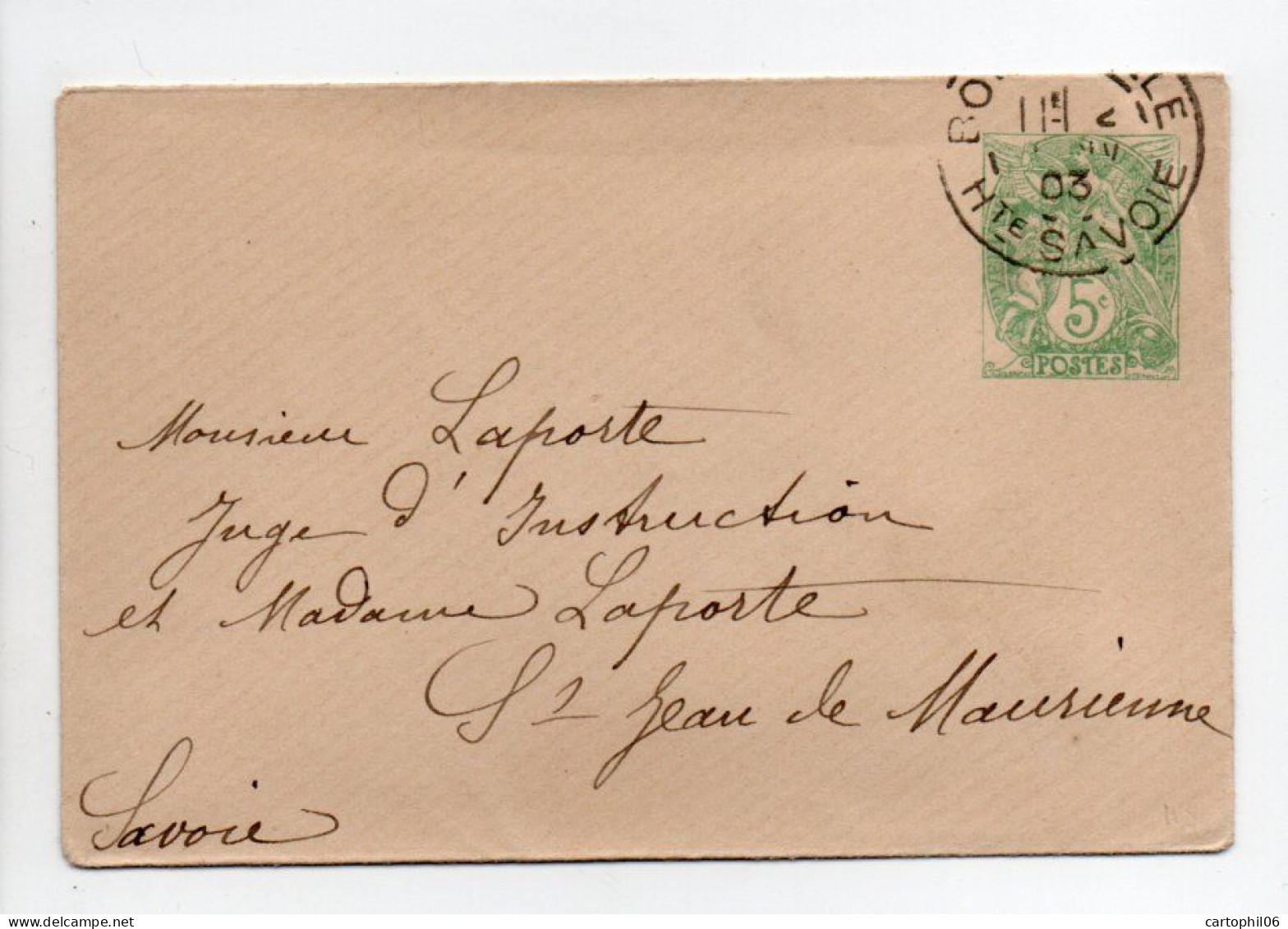 - Entier Postal BONNEVILLE (Haute-Savoie) Pour SAINT-JEAN-DE-MAURIENNE 1903 - 5 C. Vert-jaune Type Blanc - Date 115 - - Enveloppes Types Et TSC (avant 1995)