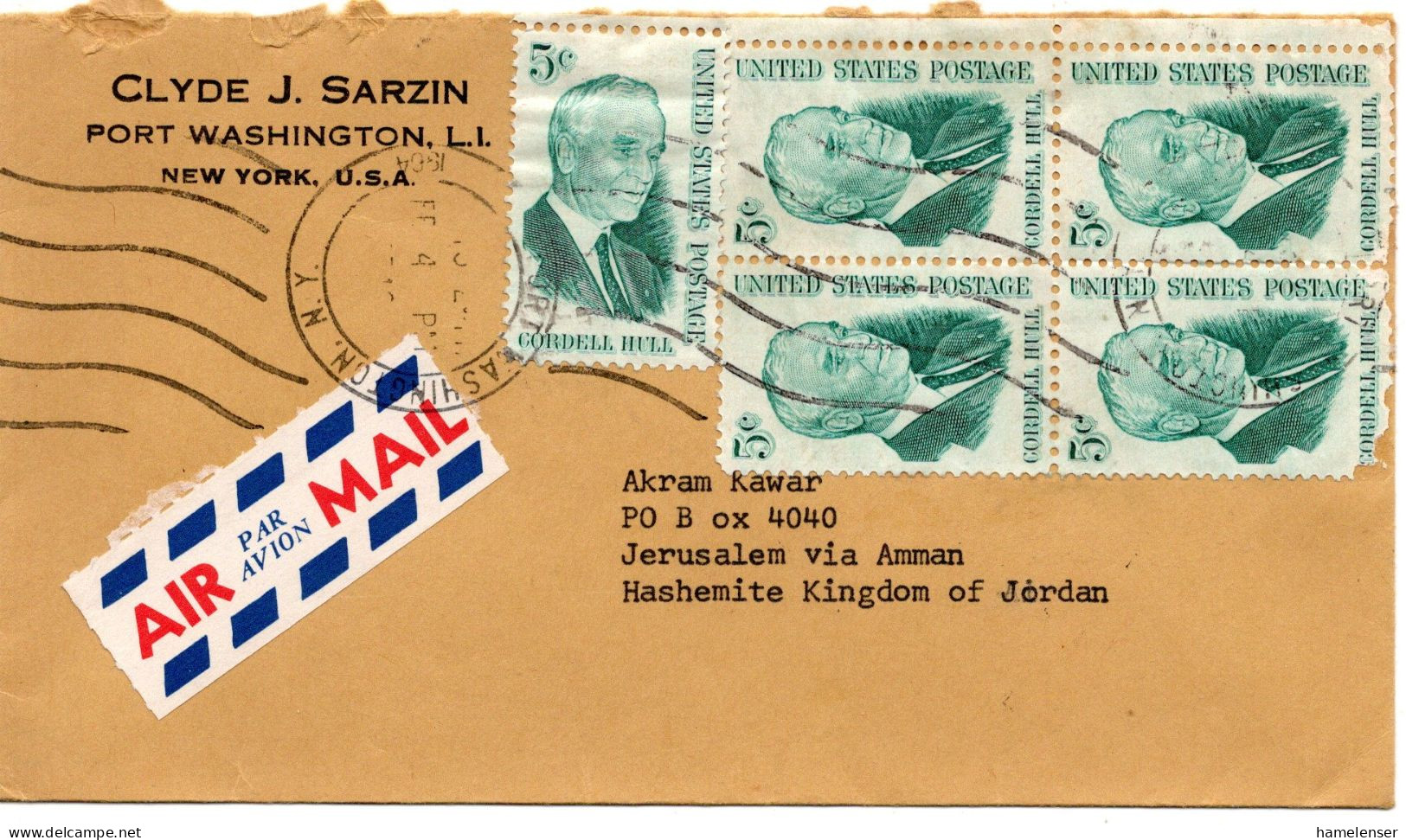 75208 - USA - 1964 - 5@5¢ Hull (1 Mke Mgl) A LpBf PORT WASHINGTON NY -> JERUSALEM CITADEL (Jordanien) - Storia Postale