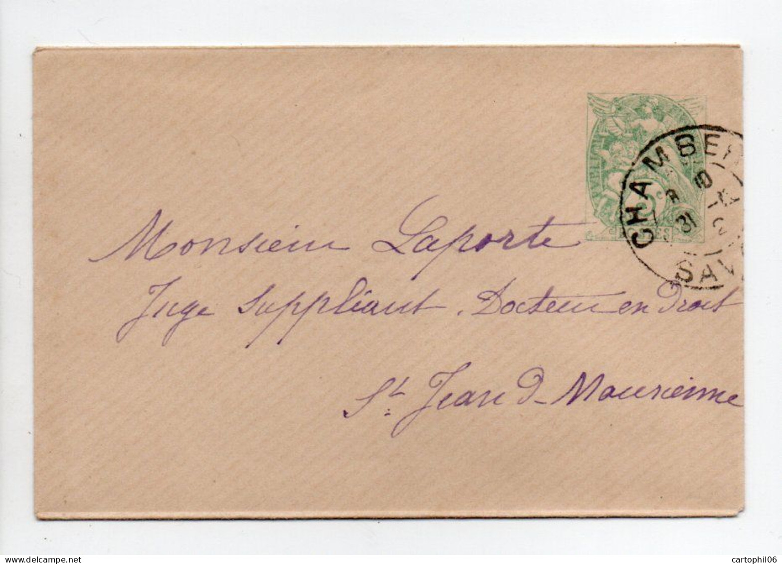 - Entier Postal CHAMBERY Pour SAINT-JEAN-DE-MAURIENNE (Savoie) 31.12.1902 - 5 C. Vert-jaune Type Blanc - Date 226 - - Standaardomslagen En TSC (Voor 1995)