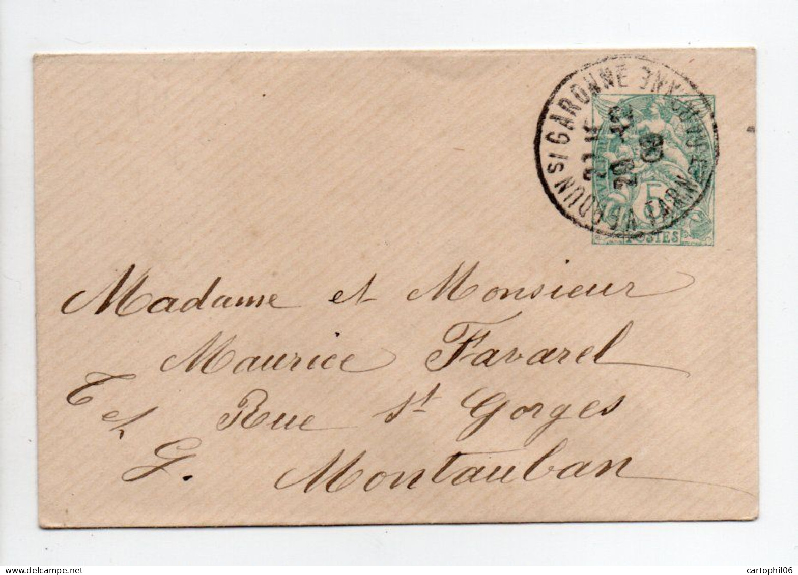 - Entier Postal VERDUN-SUR-GARONNE Pour MONTAUBAN 20.12.1906 - 5 C. Vert-bleu Type Blanc - Date 449 - - Standaardomslagen En TSC (Voor 1995)