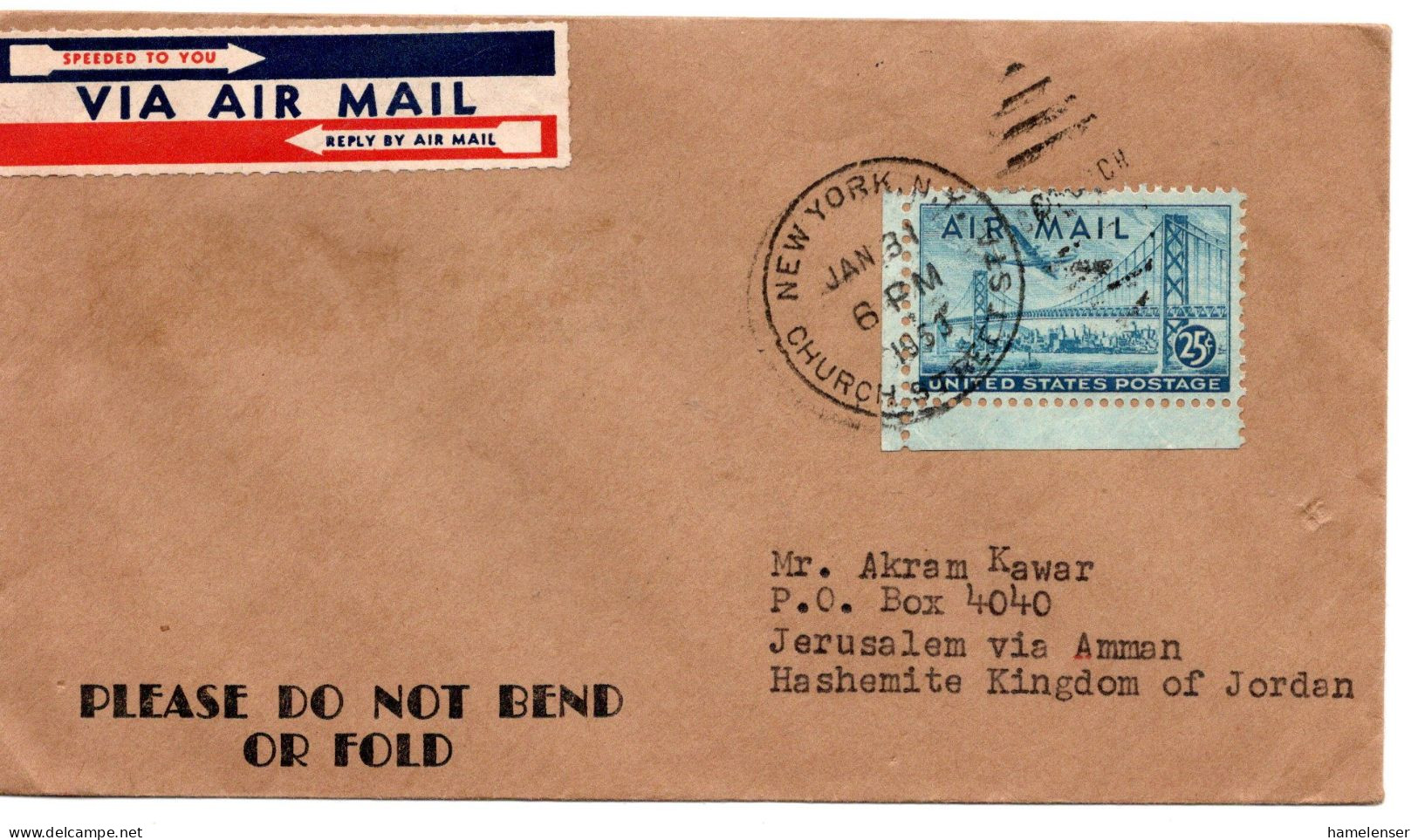 75213 - USA - 1953 - 25¢ Luftpost EF A LpBf NEW YORK -> JERUSALEM (Jordanien) - Lettres & Documents