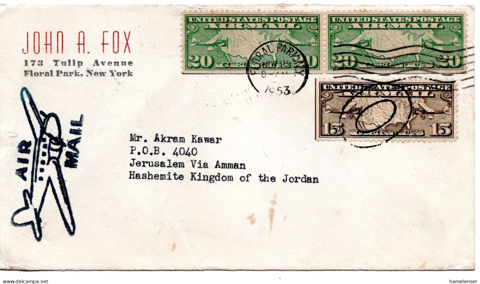 75214 - USA - 1953 - 2@20¢ Luftpost MiF A LpBf FLORAL PARK, N.Y. -> JERUSALEM (Jordanien) - Covers & Documents