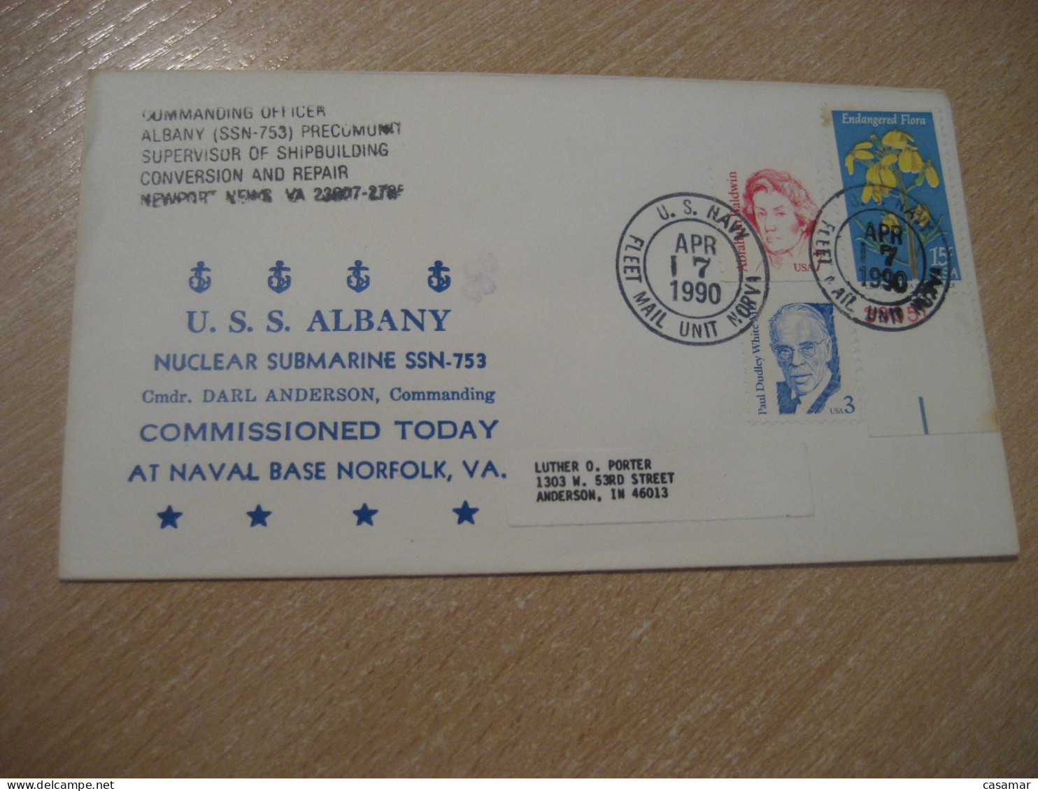 NORFOLK 1990 USS Albany NUCLEAR SUBMARINE SSN-753 Commissioned Ship Cancel Cover USA Ships Maritime - Sous-marins