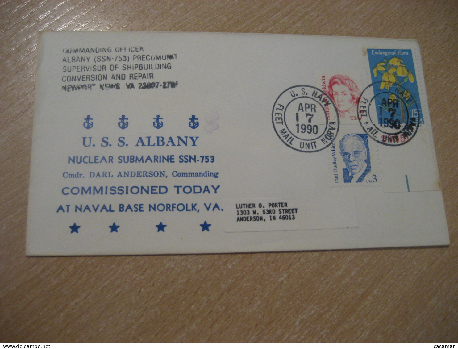NORFOLK 1990 USS Albany NUCLEAR SUBMARINE SSN-753 Commissioned Ship Cancel Cover USA Ships Maritime - U-Boote