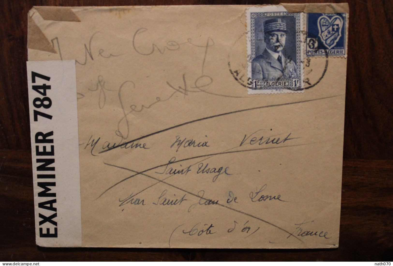 1943 France Algérie Censure Censor 7847 Examiner Petain Air Mail Cover WW2 - 2. Weltkrieg 1939-1945