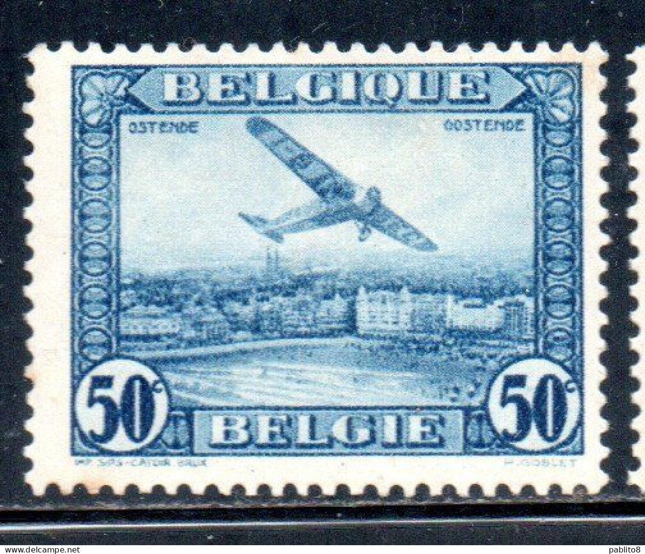 BELGIQUE BELGIE BELGIO BELGIUM 1930 AIR POST MAIL STAMP AIRMAIL FOKKER FVII/3m OVER OSTEND 50c MH - Mint