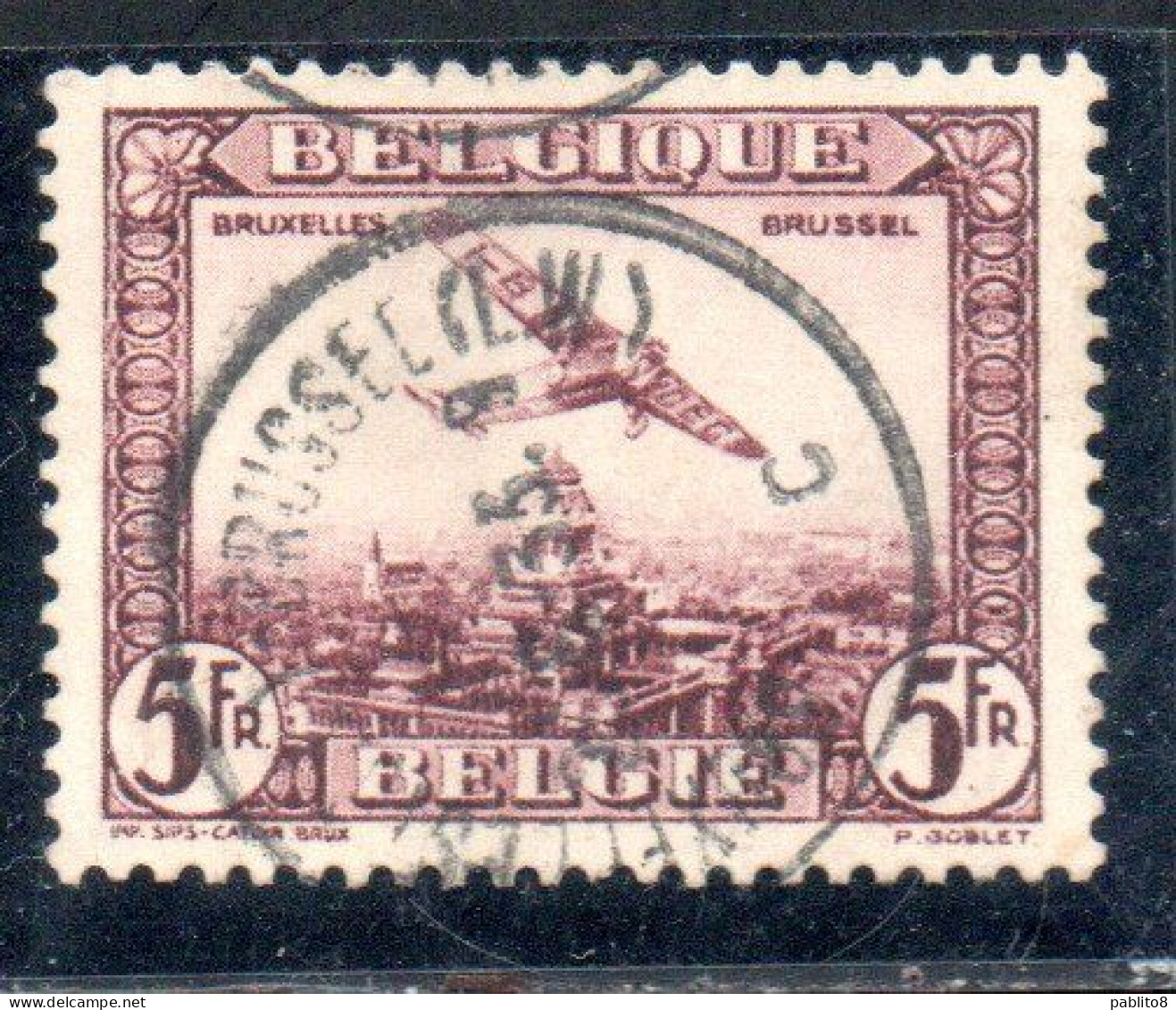 BELGIQUE BELGIE BELGIO BELGIUM 1930 AIR POST MAIL STAMP AIRMAIL FOKKER FVII/3m OVER BRUSSELS 5fr USED OBLITERE' USATO - Used