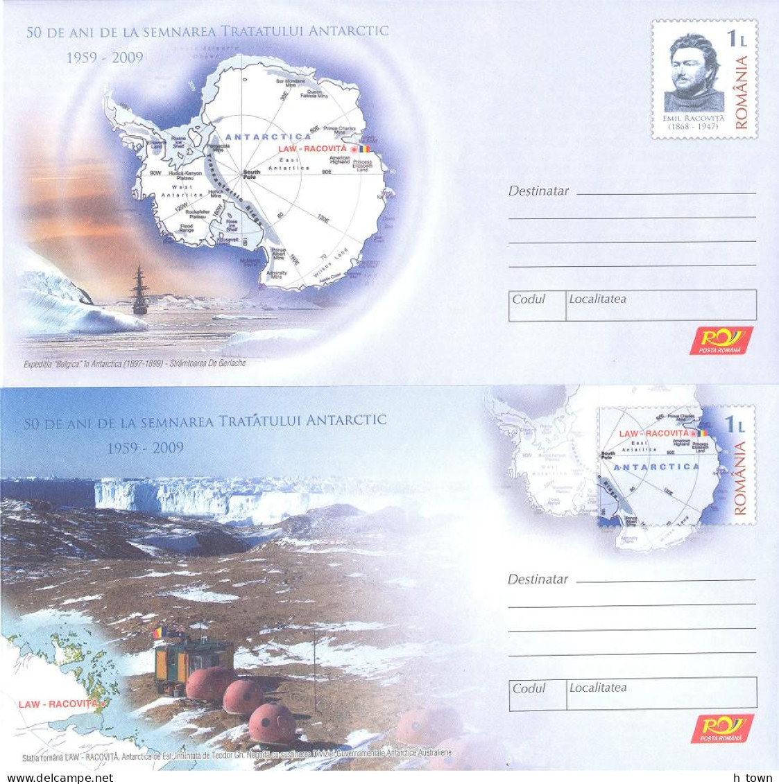 229  Traité Sur L'Antarctique: 2 PAP, 2009 - Antarctic Treaty, Map: 2 Postal Stationery Covers From Romania - Antarktisvertrag