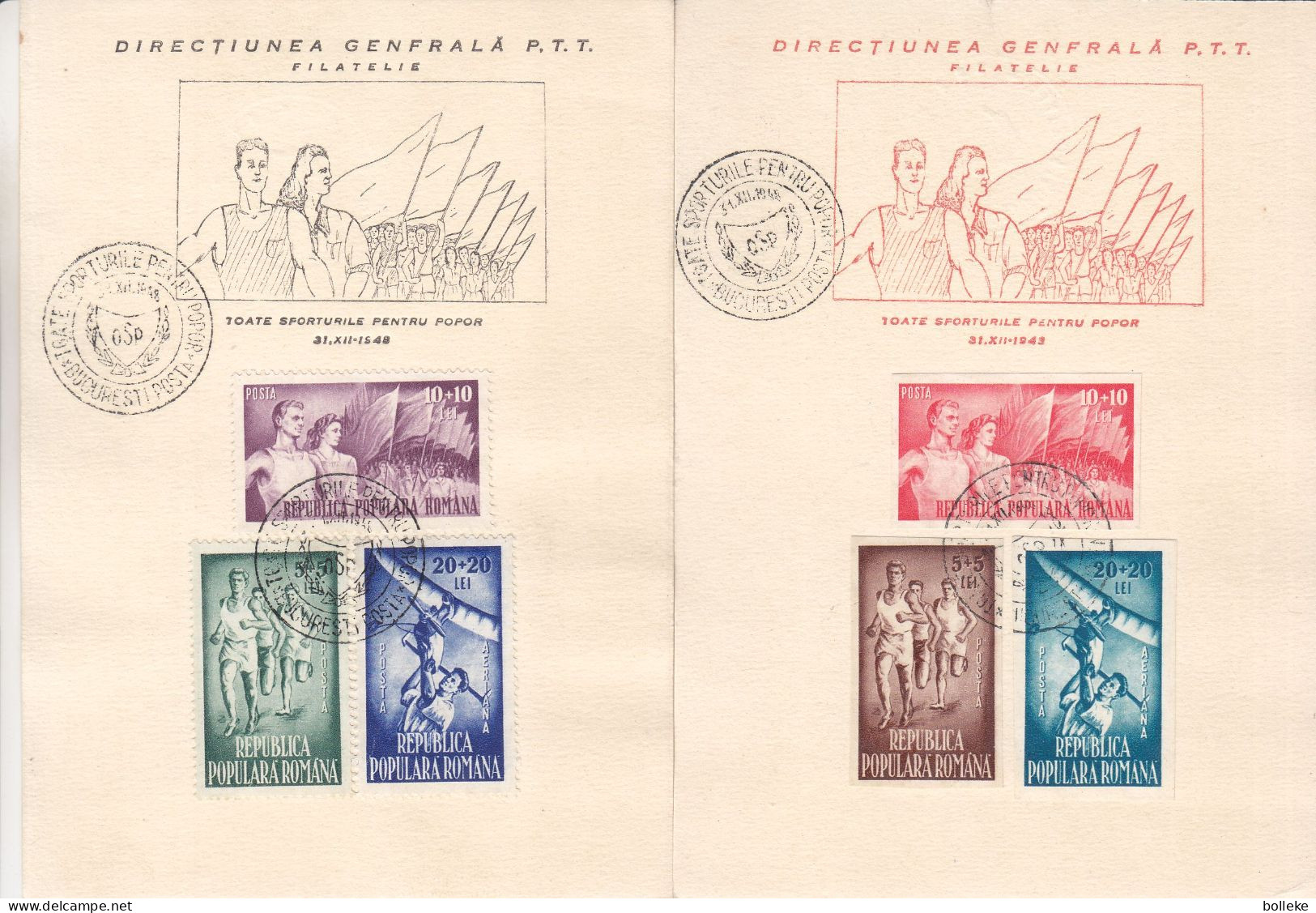 Roumanie - 2 Cartes FDC De 1948 - Avec Timbres NON Dentelés - Oblit Bucuresti - Drapeaux - Avions - Valeur 90 Euros - Lettres & Documents