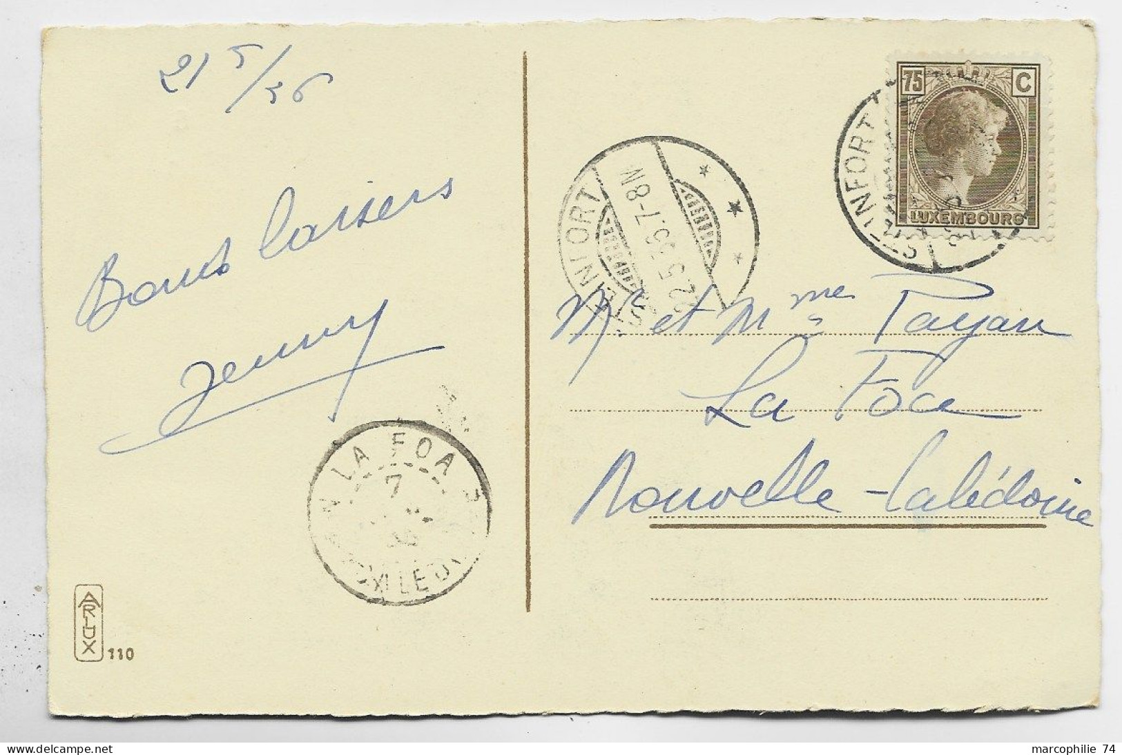 LUXEMBOURG 75C SEUL SOLO CARTE STEINFORT 22.5.1936 TO LA FOA NOUVELLE CALEDONIE - 1926-39 Charlotte De Profil à Droite