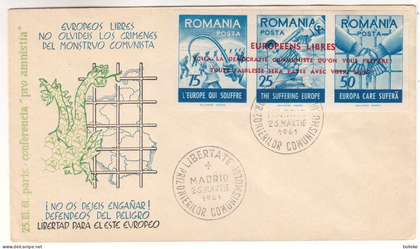 Roumanie - Lettre De 1961 - Oblit Madrid - Timbres De Propagande -  - Valeur Cat Maury Oblitéré = 55 € En ....2011 - Briefe U. Dokumente