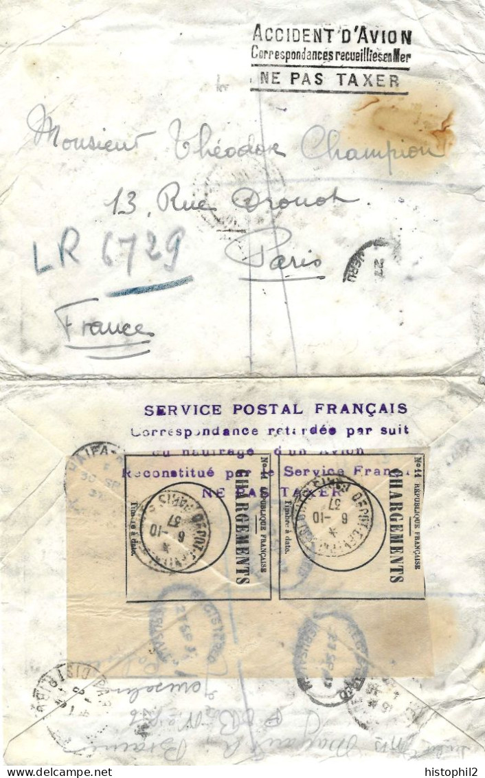 LR Jerusalem 27/9/1937 Pour Théodore Champion Paris Accident Du 1/10/37 à Phaleron Bay (Grèce) 2 Griffes + étiquettes - Lettere Accidentate