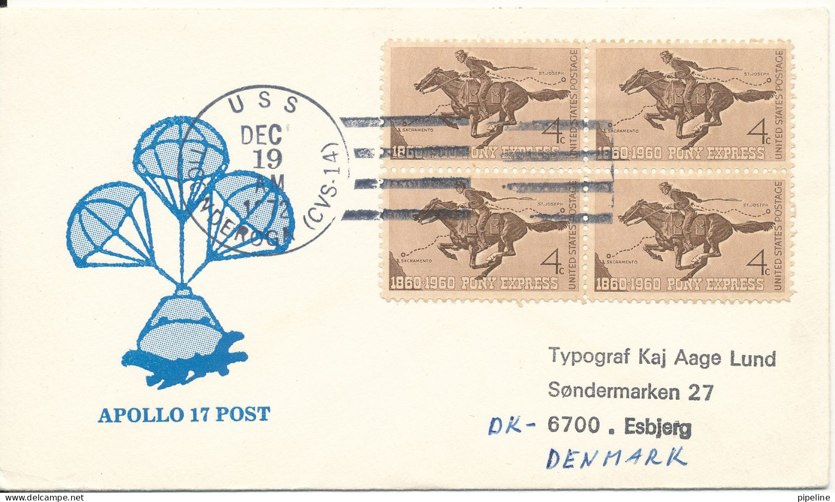 USA Cover U.S.S.Tticonderoga (CVS-14) 19-12-1972 Apollo 17 Post Sent To Denmark With Cachet - Brieven En Documenten