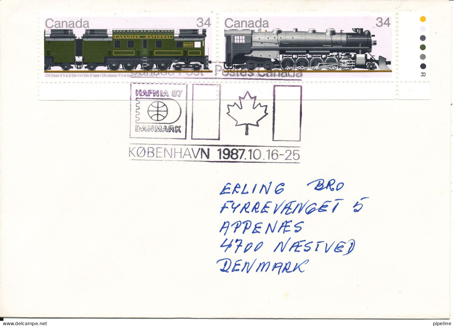 Canada Cover Hafnia 87 Copenhagen Postmark Sent To Denmark (locomotives Stamps) Very Nice Cover - Covers & Documents