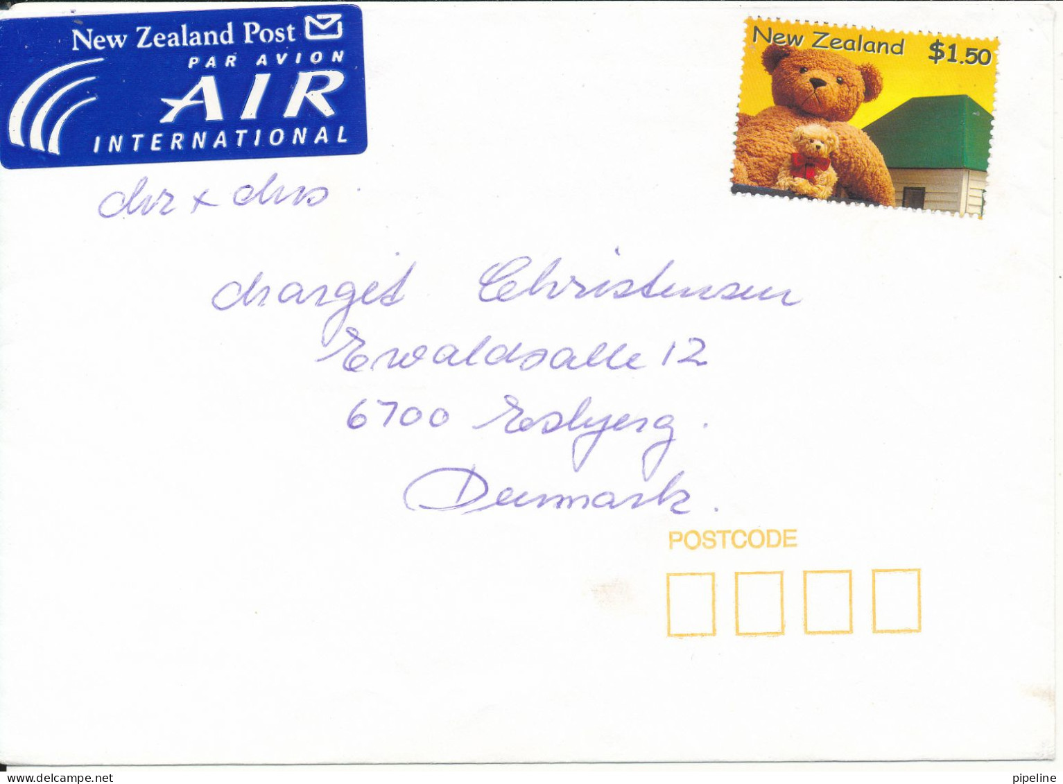 New Zealand Cover Sent Air Mail To Denmark 2000 Single Franked Teddy Bear - Cartas & Documentos