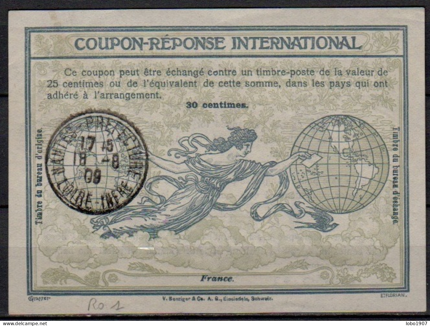 FRANCE  Ro1  30c.  International Reply Coupon Reponse Antwortschein IRC IAS Cupon Respuesta NANTES LOIRE INFRE PRFECTURE - Antwortscheine