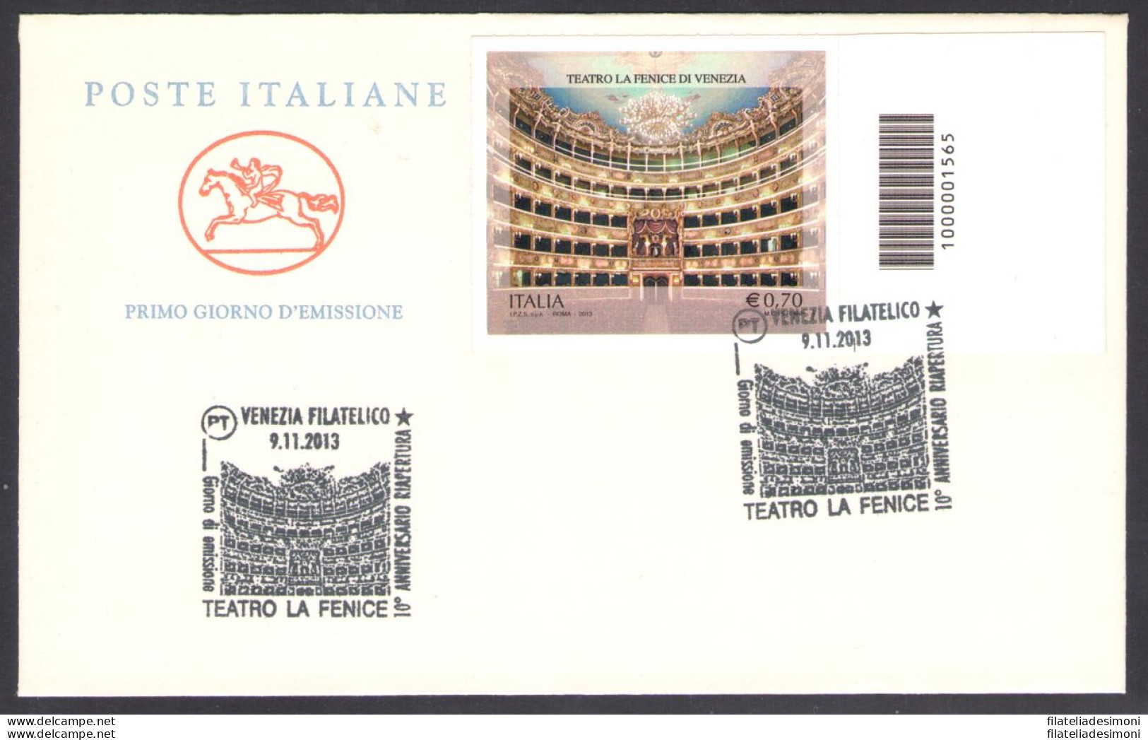 2013 Repubblica Italiana, "Teatro Fenice" - Non Dentellato - Non Fustellato  , N - Barcodes