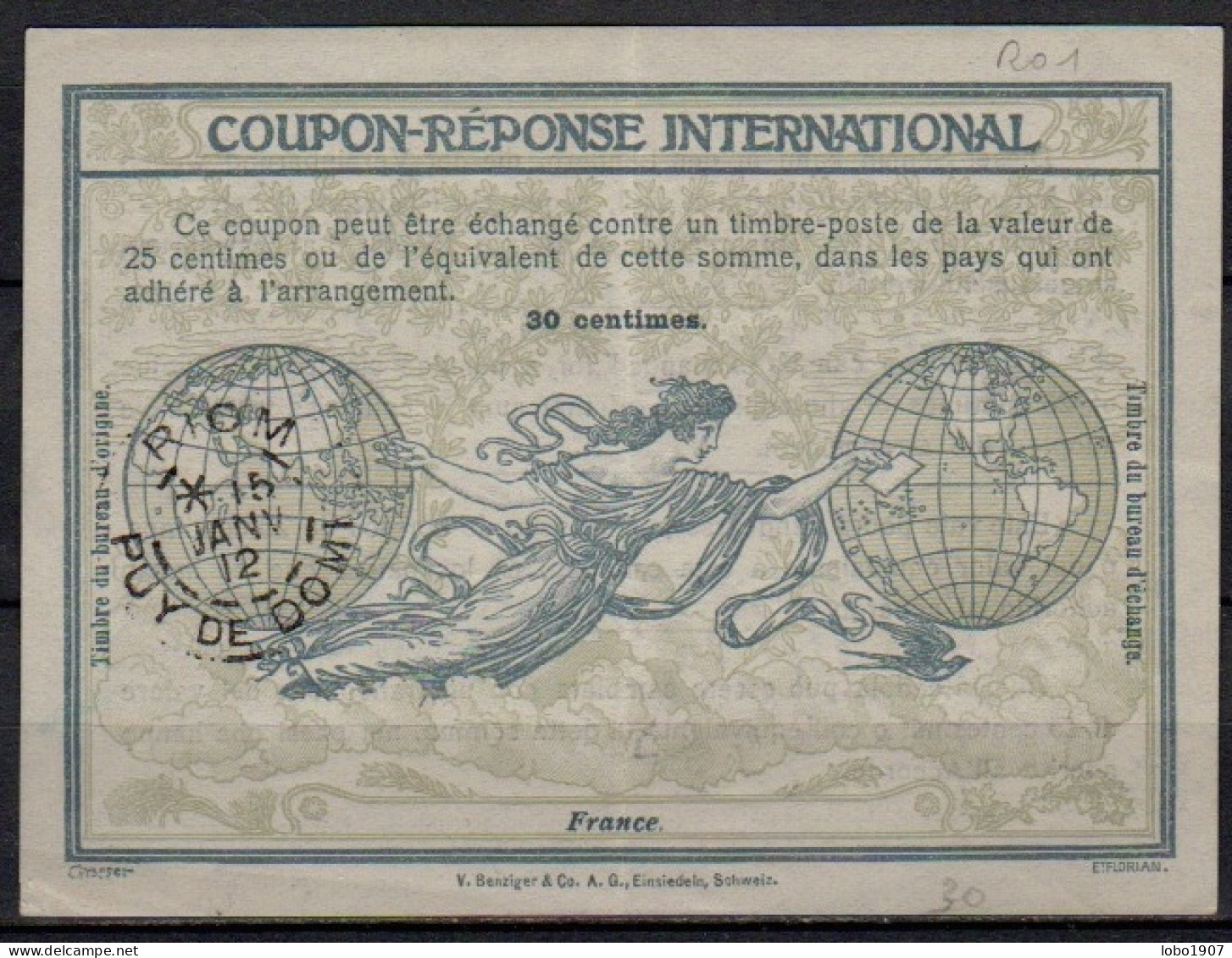 FRANCE  Ro1  30c.  International Reply Coupon Reponse Antwortschein IRC IAS Cupon Respuesta  RIOM PUY DE DOME 15.01.1915 - Reply Coupons