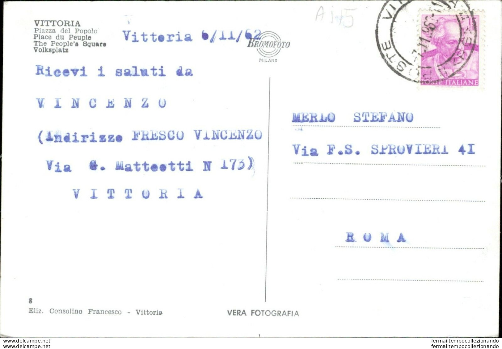 Ai15 Cartolina Vittoria Piazza Del Popolo Provincia Di Ragusa - Ragusa