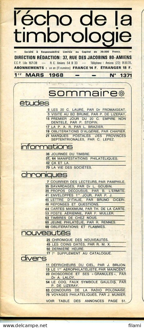 L'écho De La Timbrologie,20c Napoleon,Pétain,accident Aerieen,20c Empire,poste Automobile,Cheffer,Semeuse,Decaris,Coq - Frans (vanaf 1941)