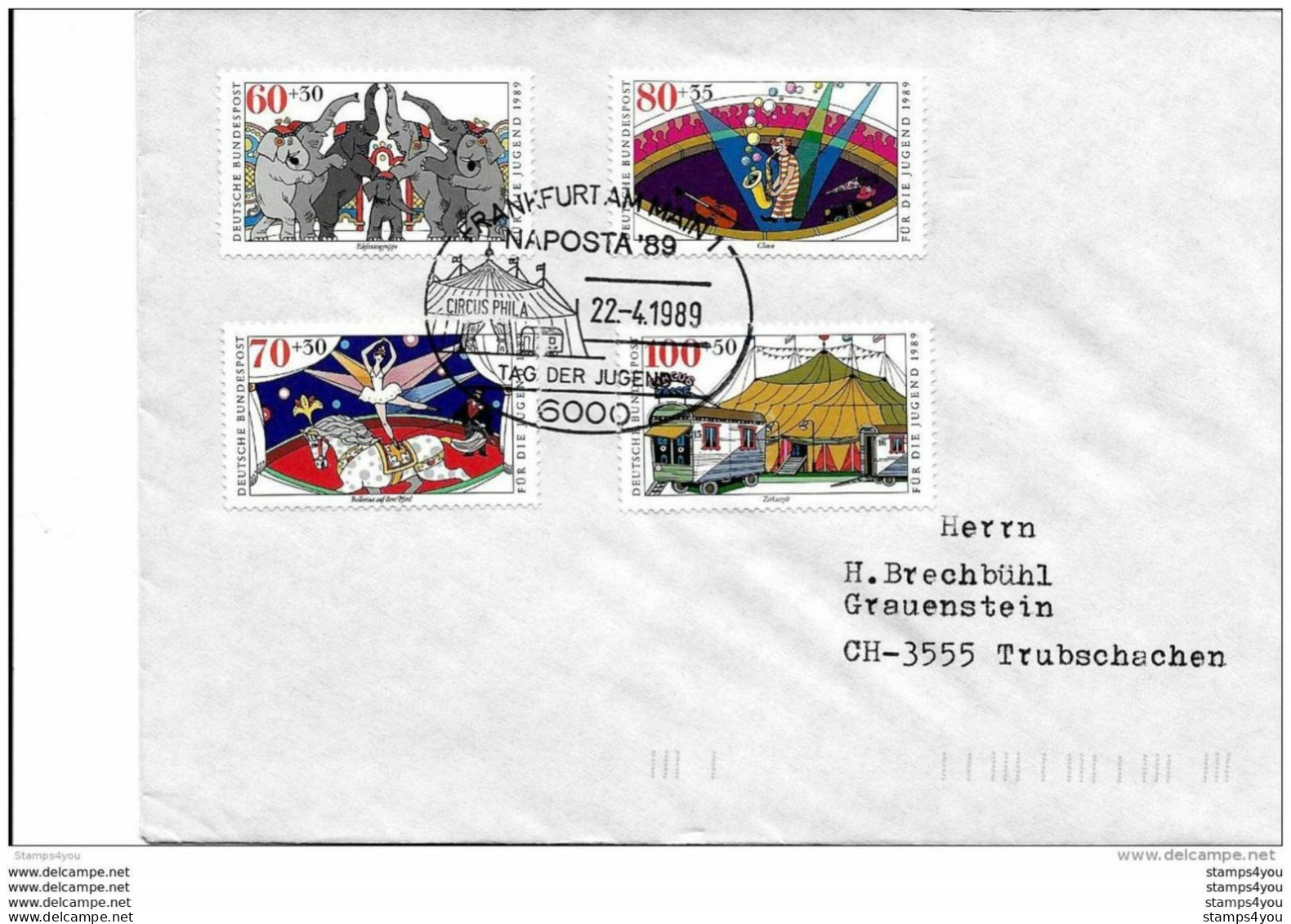 219 - 20 -  Enveloppe Allemande Avec Série Timbres "Cirque" Oblit Spéciale De Frankfurt Naposta 1989 - Zirkus