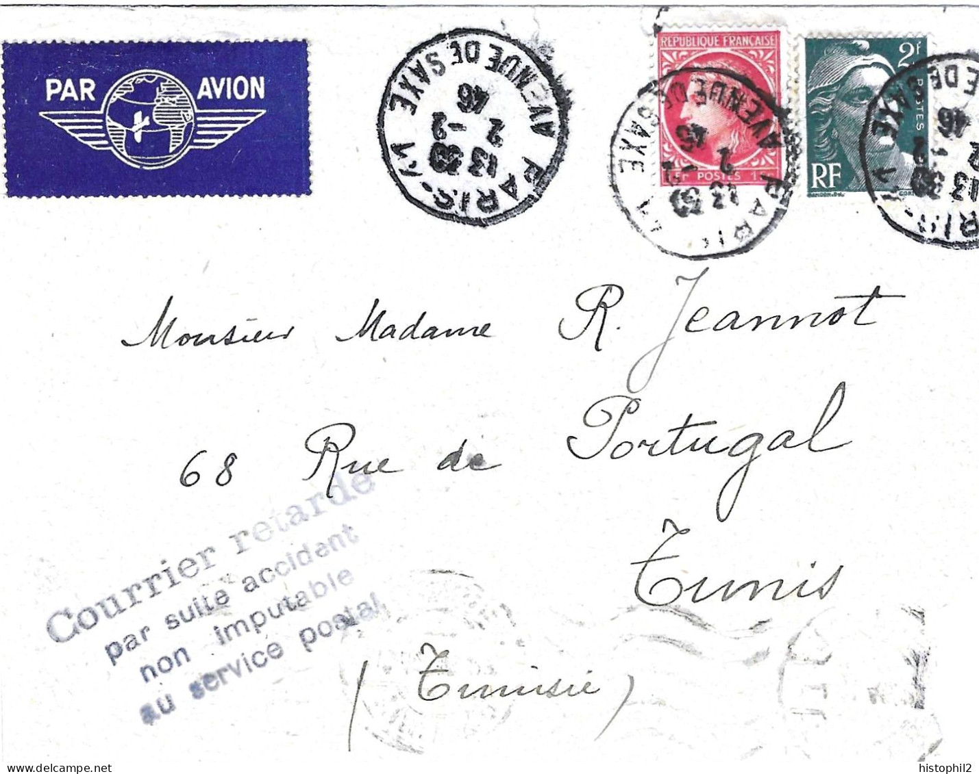 2F Gandon 1F Cérès Mazelin Paris 2/2/1946 Pour Tunis Griffe Courrier Retardé Accident Air France Du 5/2 En Espagne - Cartas Accidentadas