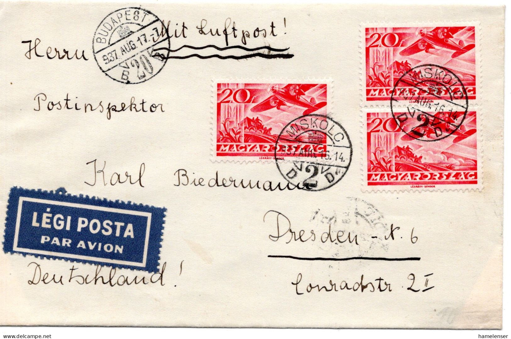 75241 - Ungarn - 1937 - 3@20f Luftpost A LpBf MISKOLC -> BUDAPEST -> Deutschland - Briefe U. Dokumente
