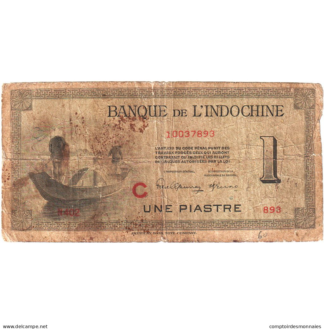 Indochine Française, 1 Piastre, 1945, KM:76a, B - Indochina