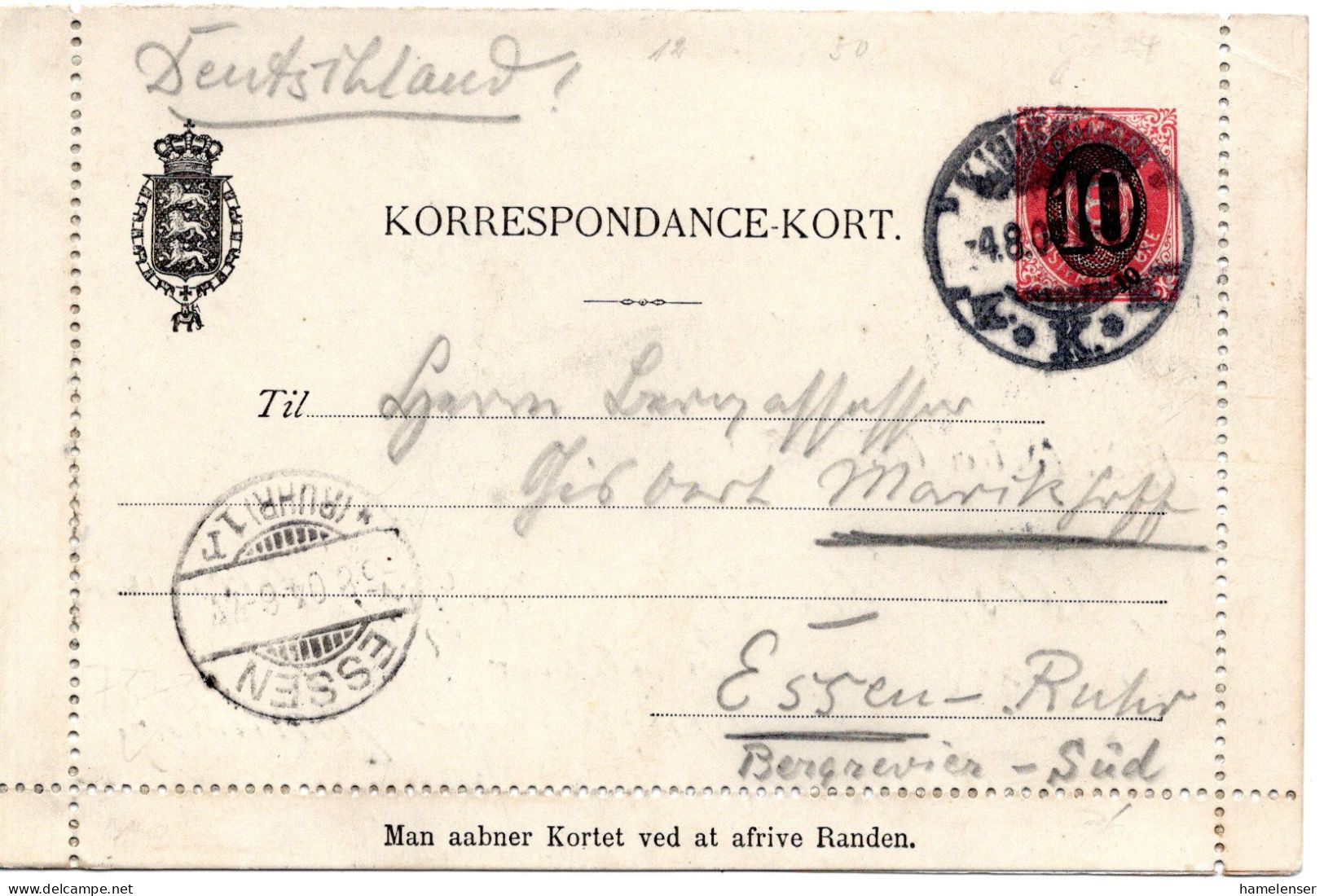 75243 - Dänemark - 1904 - 10/8o GAKtenBf KJOBENHAVN -> ESSEN (Deutschland) - Lettres & Documents