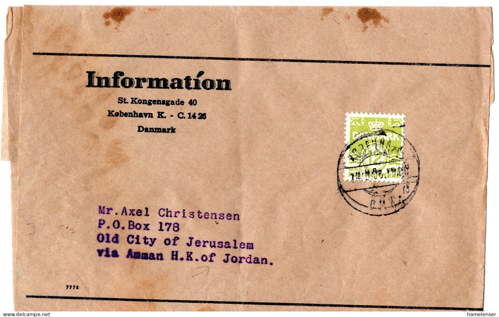 75244 - Dänemark - 1956 - 12o Ziffer EF A Streifband KOBENHAVN -> Jordanien - Cartas & Documentos