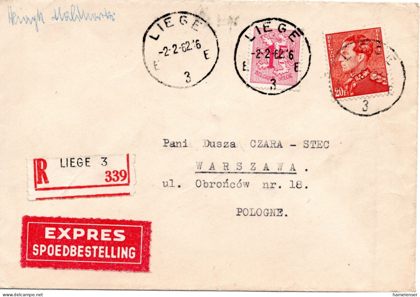 75246 - Belgien - 1962 - 20F Baudouin MiF A R-EilBf LIEGE -> WARSZAWA (Polen) - Briefe U. Dokumente
