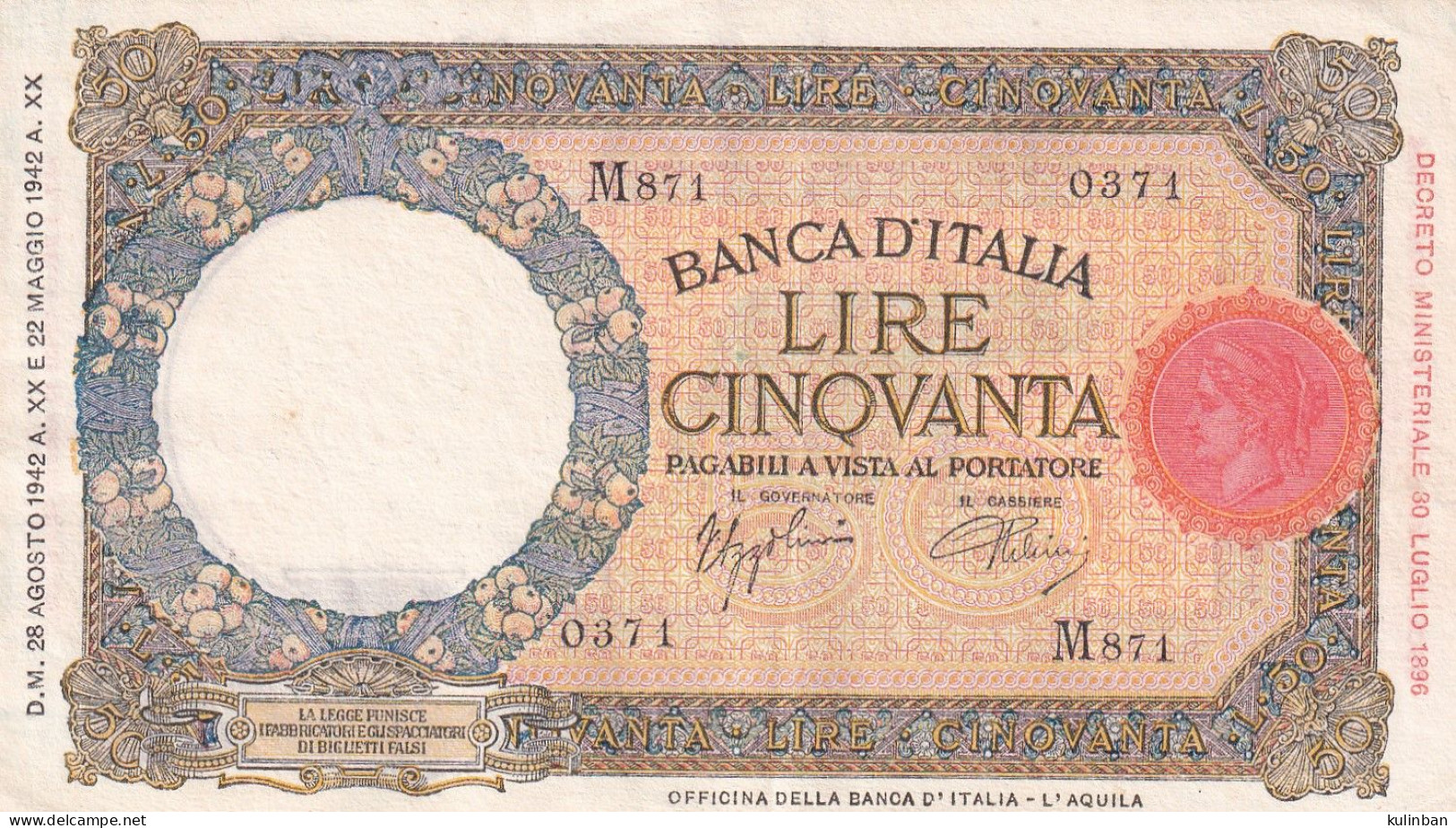 Italy 50 Lira 28.agosto 1942 Year - 50 Lire