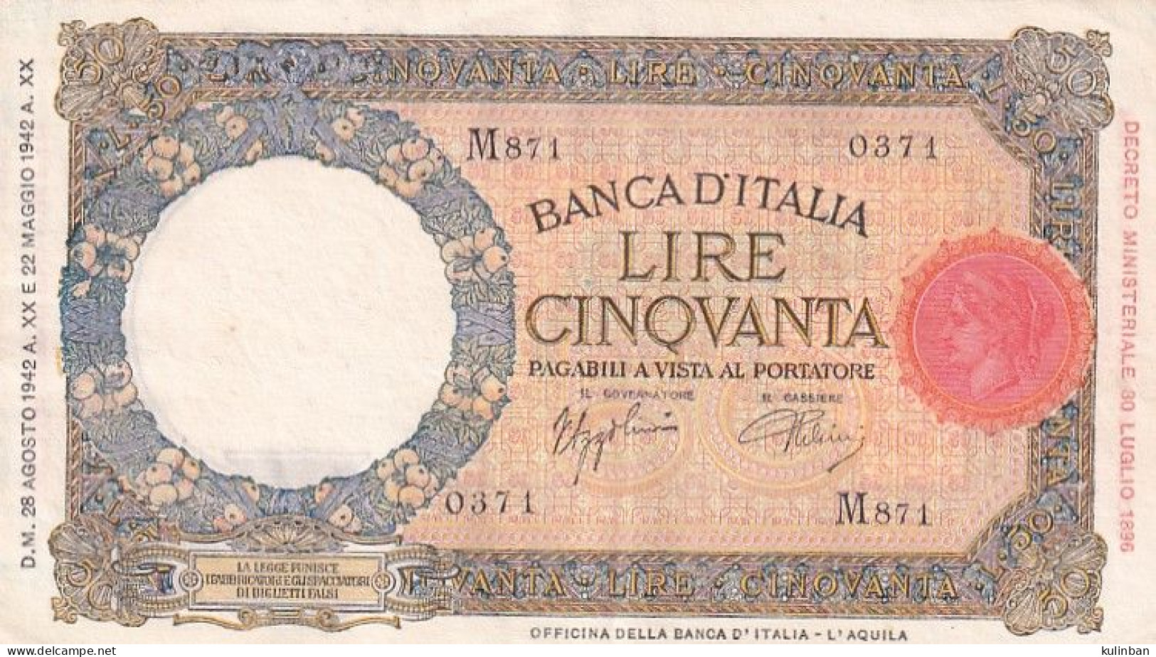 Italy 50 Lira 28.agosto 1942 Year - 50 Liras