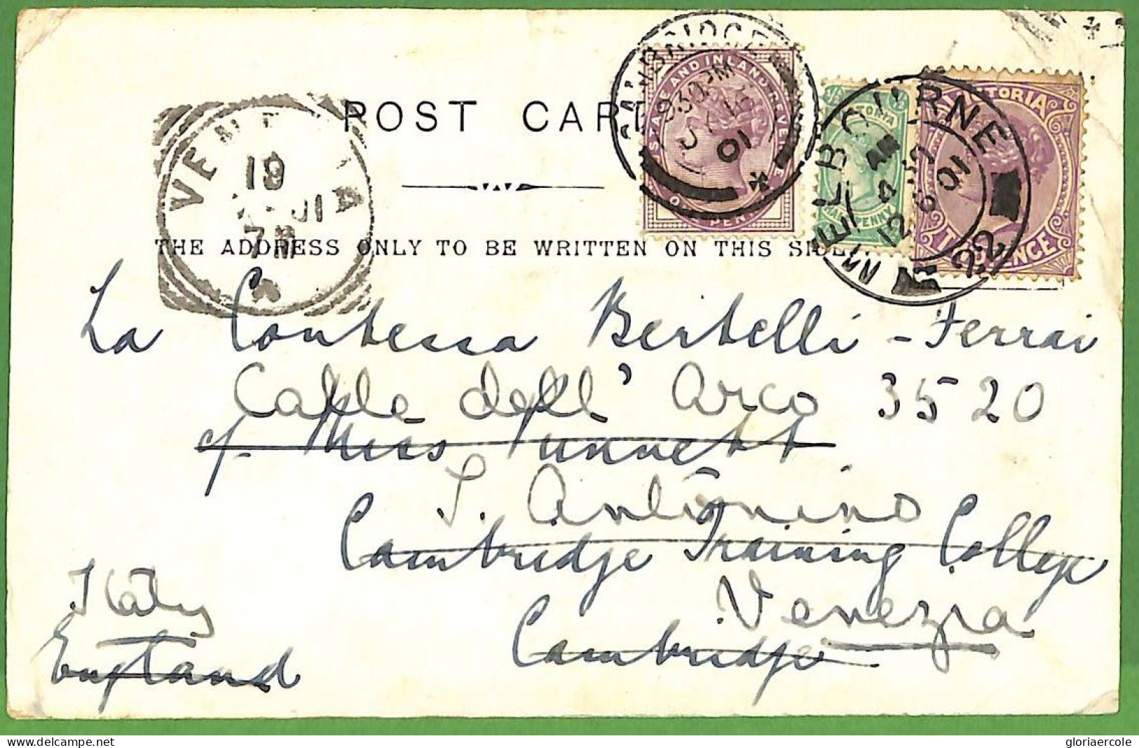 P1004 - VICTORIA - Postal History  Postcard To GB 1901 REDIRECTED Mixed Franking - Brieven En Documenten