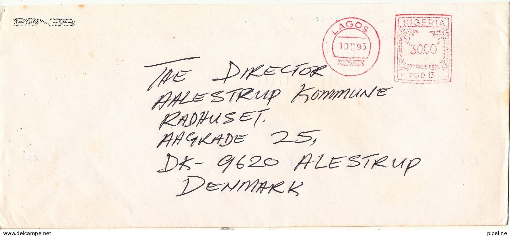 Nigeria Cover Wikth Red Meter Cancel Sent To Denmark Lagos 10-11-1995 - Nigeria (1961-...)