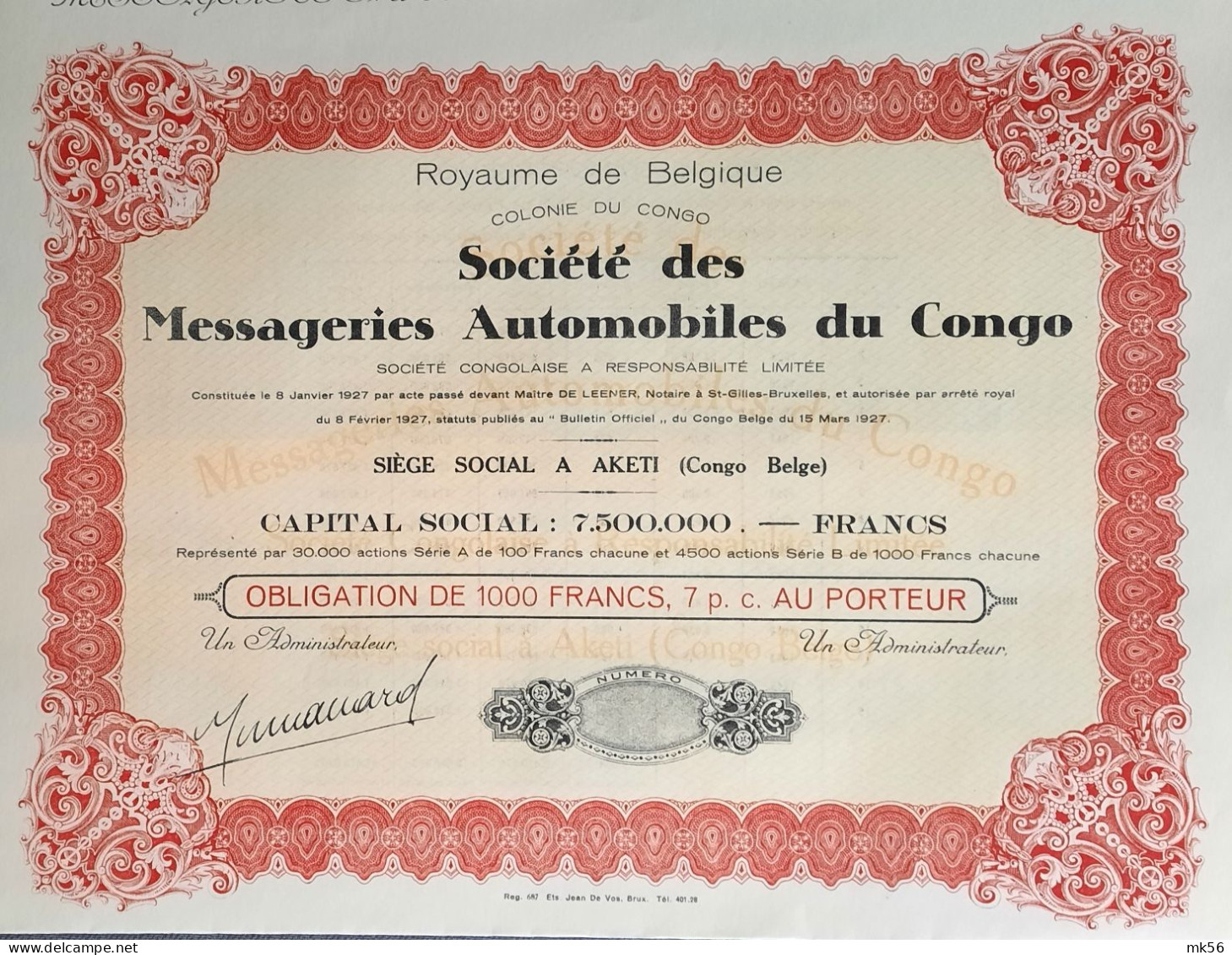 Société Des Messageries Automobiles Du Congo - Aketi  - 1927 - Obligation De 1000 Francs 7 % (Unissued) - Africa