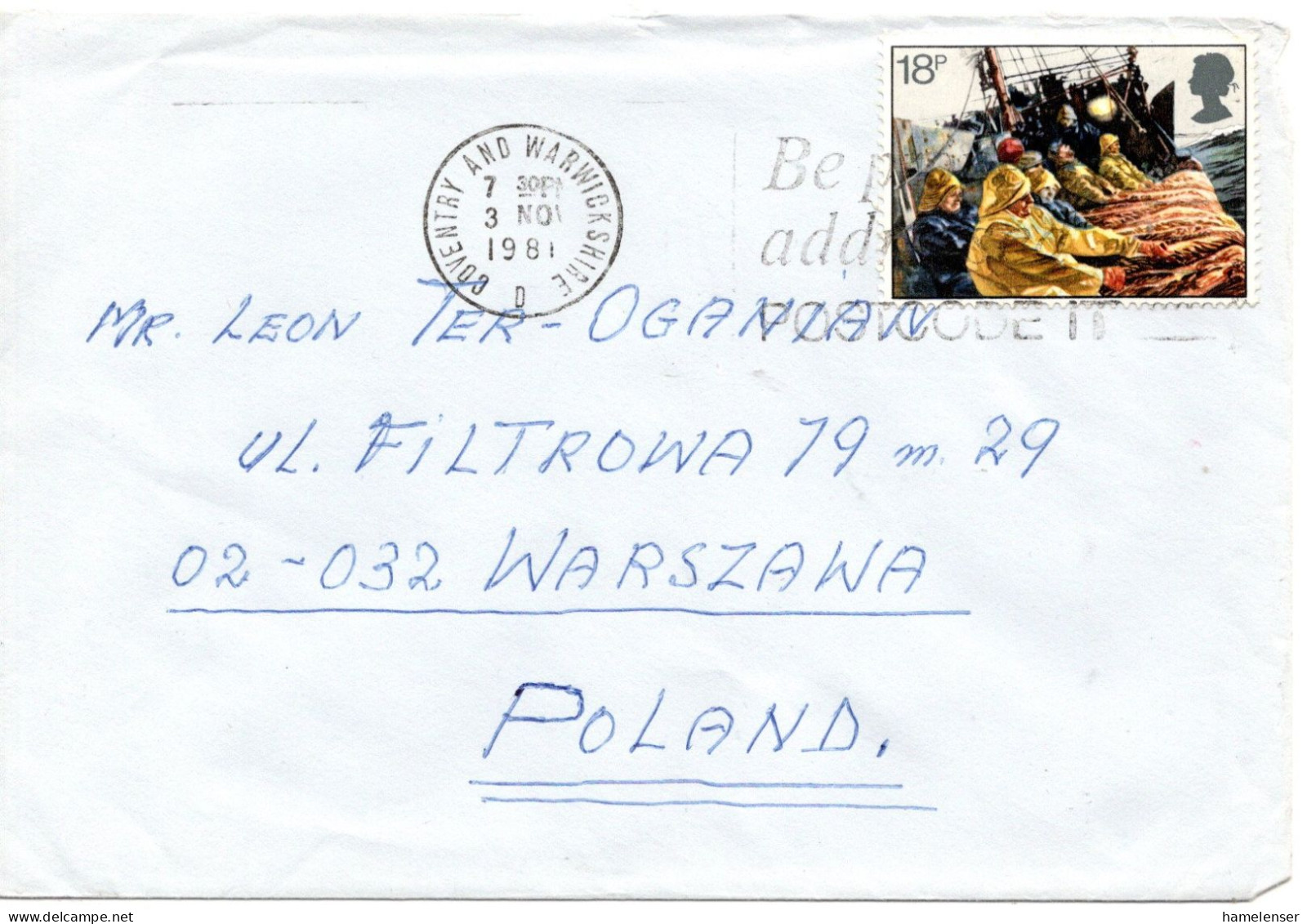 75248 - Grossbritannien - 1981 - 18p Fischerei EF A Bf COVENTRY - ... -> WARSZAWA (Polen) - Covers & Documents
