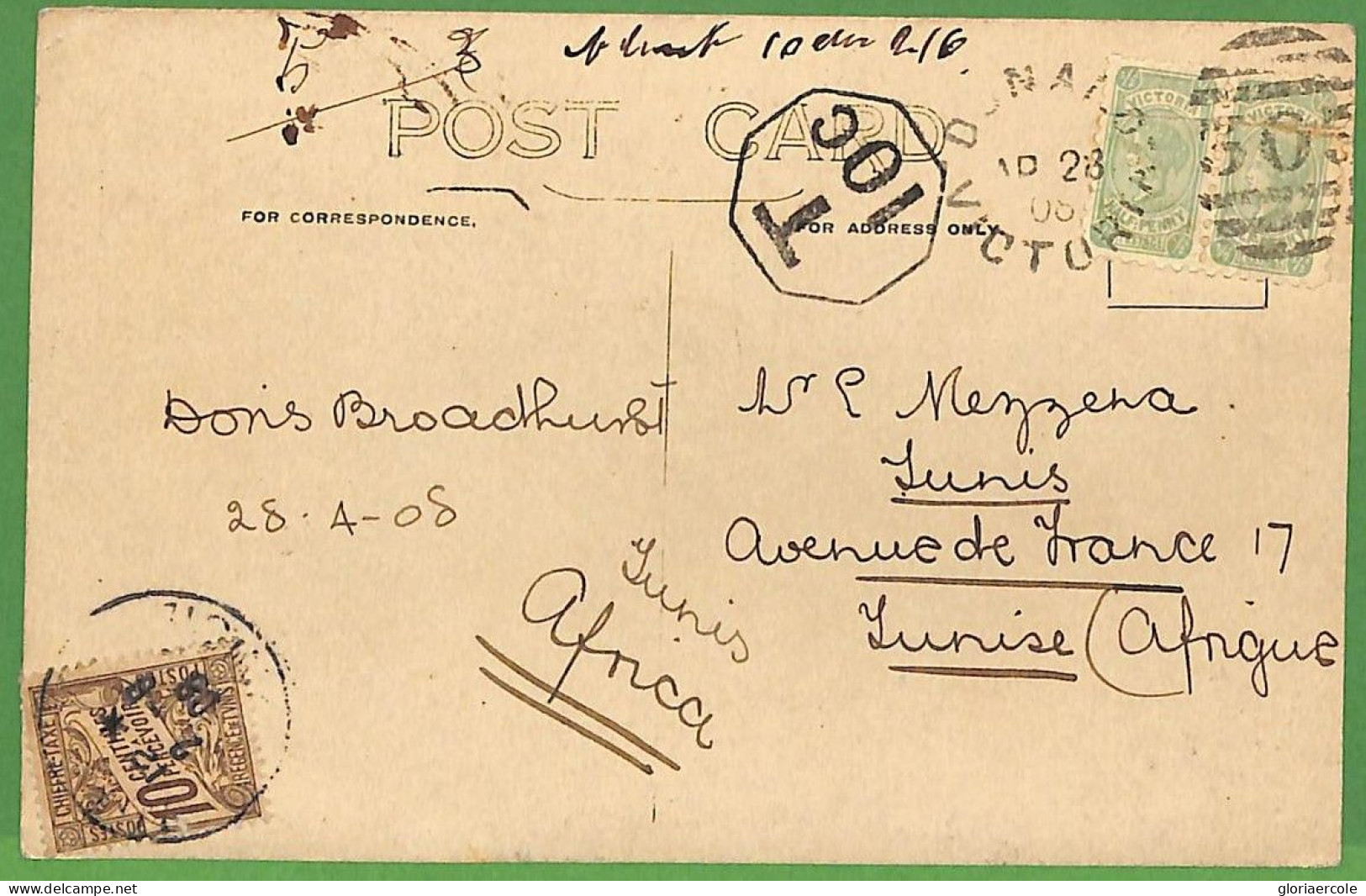 P1005 - AUSTRALIA  Victoria - Postal History - POSTCARD To TUNISIA - TAXED! 1908 - Briefe U. Dokumente