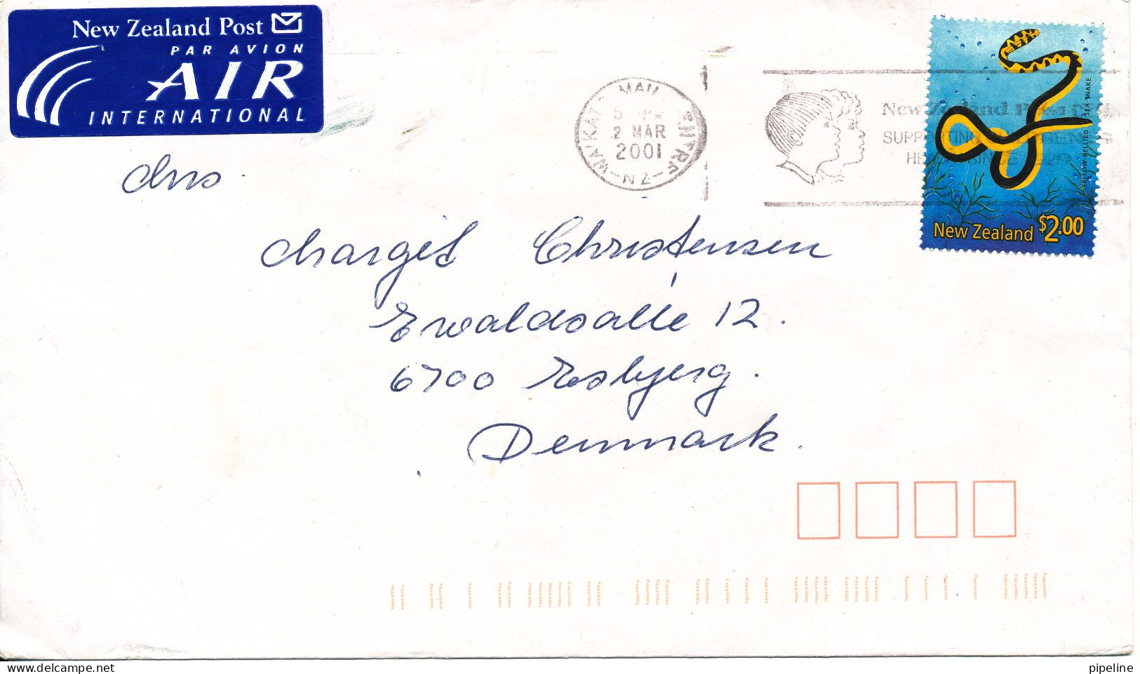 New Zealand Cover Sent Air Mail To Denmark 2-3-2001 Single Franked Yellow Bellied Sea Snake - Storia Postale