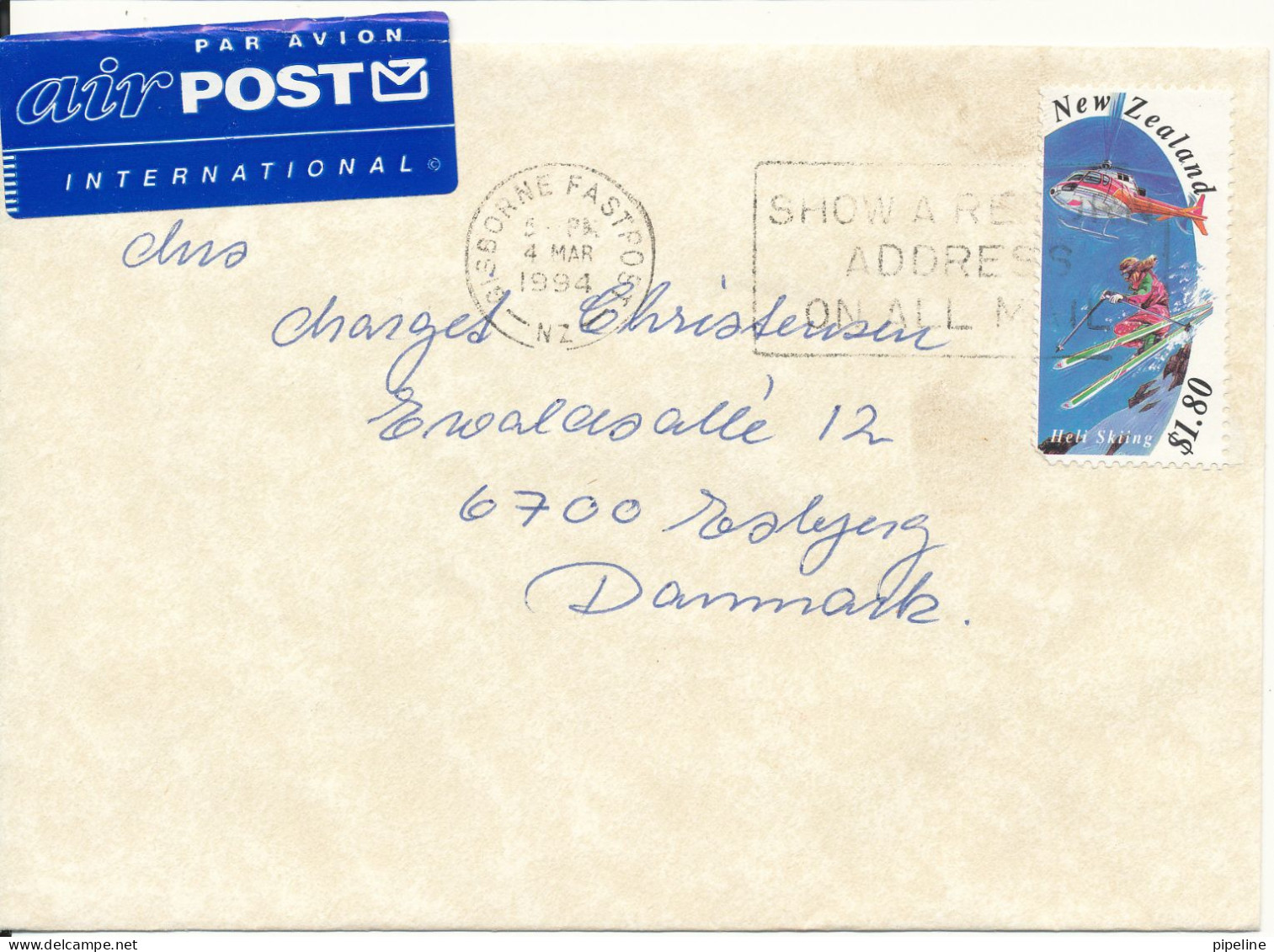 New Zealand Cover Sent Air Mail To Denmark 14-3-1994 Single Franked - Cartas & Documentos