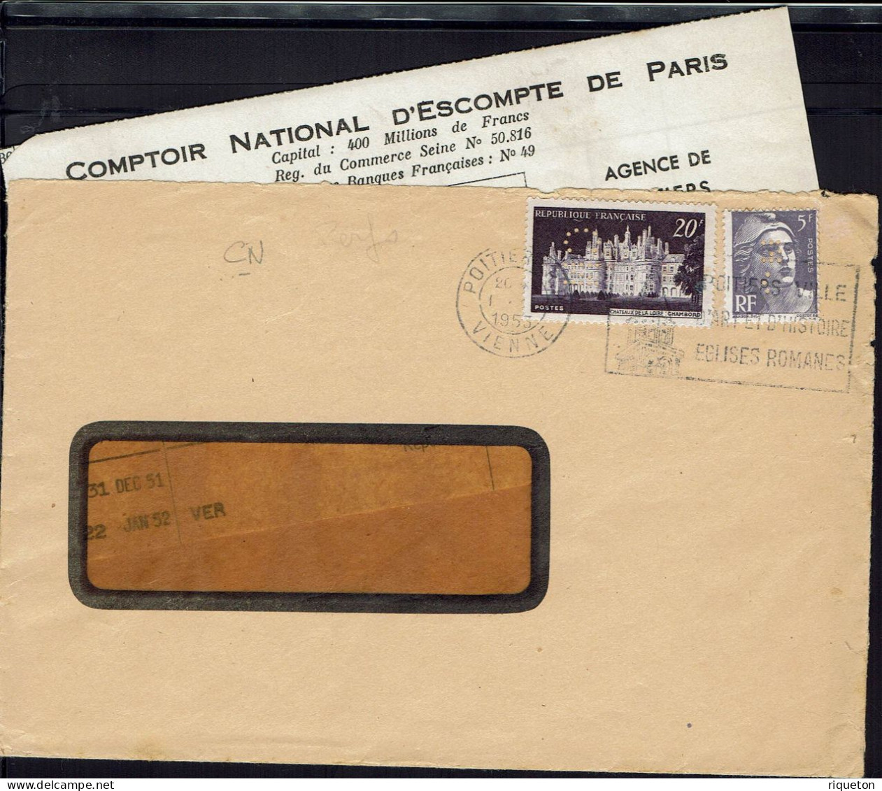 1953. Comptoir National D'Escompte De Paris. Affranchissement Timbres Perforés CN Sur Enveloppe à Fenêtre Pour Poitiers. - Lettres & Documents