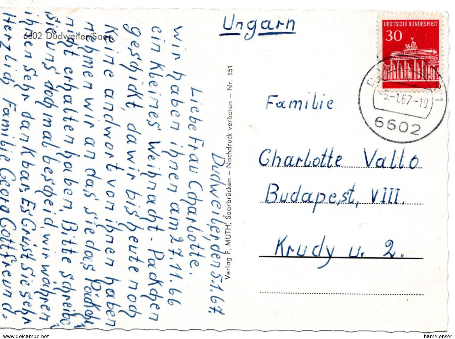 75252 - Bund - 1967 - 30Pfg Brandenburger Tor EF A AnsKte DUDWEILER -> Ungarn - Lettres & Documents