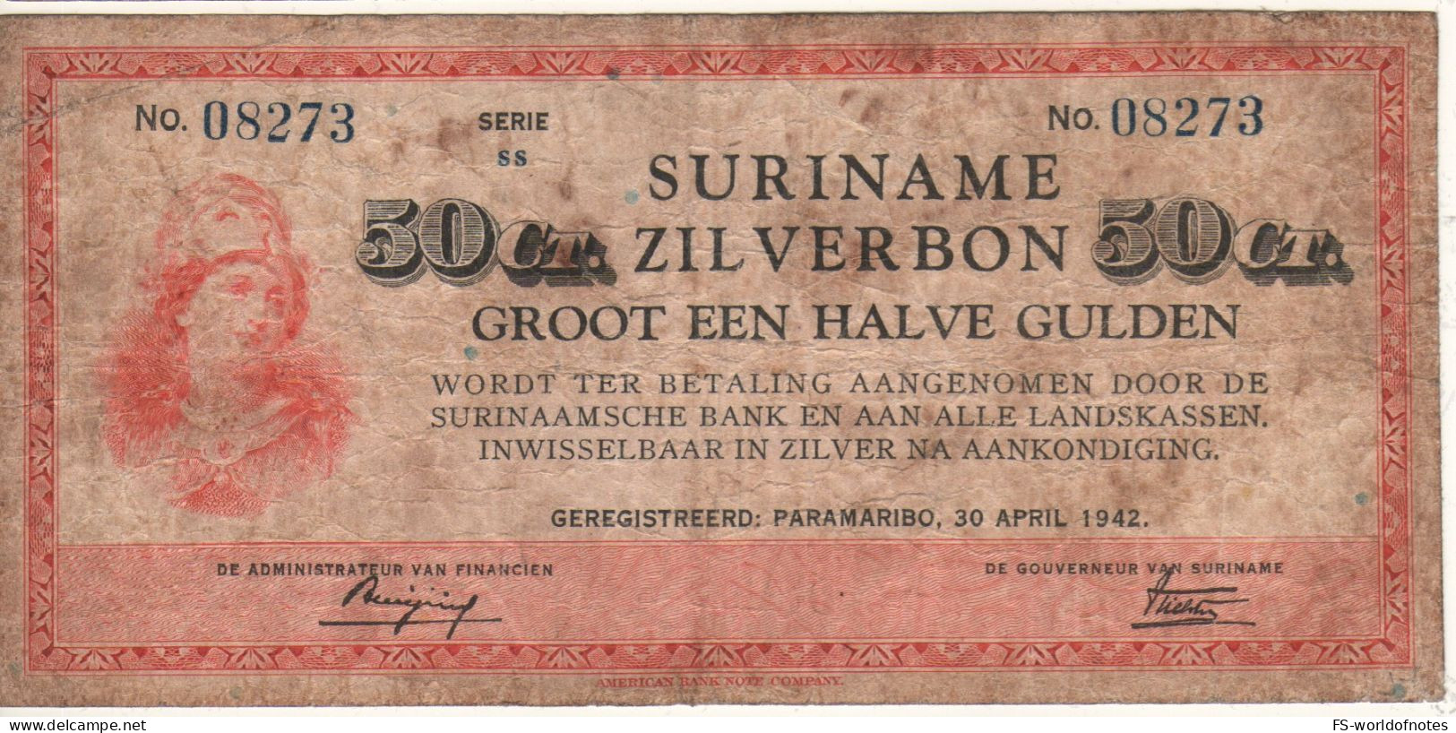 SURINAME   50 Cents = 1/2 Gulden   P104c   1942   ( Athena At Left ) - Suriname