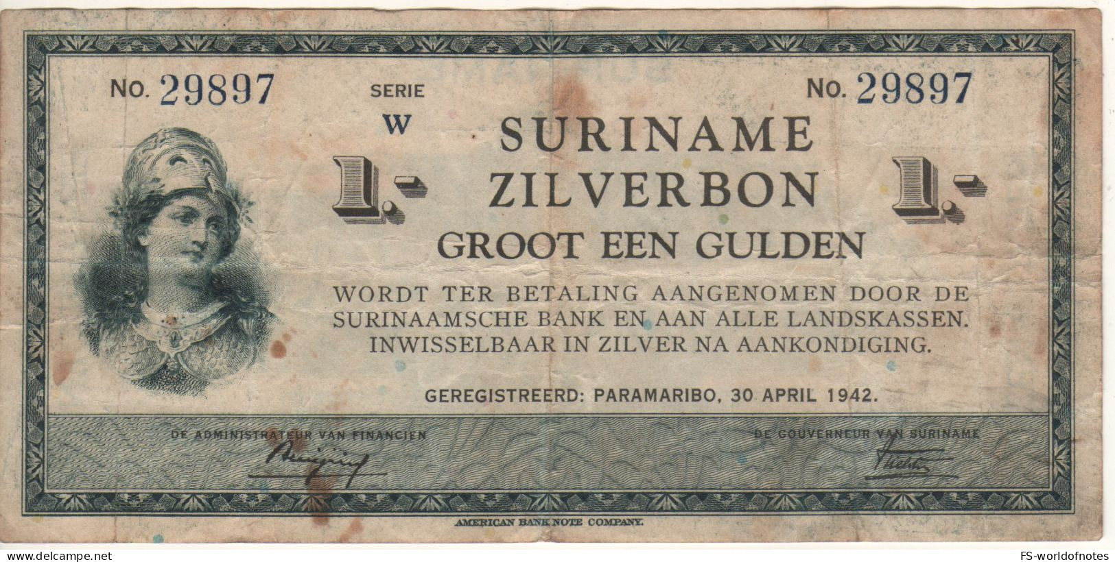 SURINAME   1 Gulden   P105c   1942   ( Athena At Left ) - Surinam