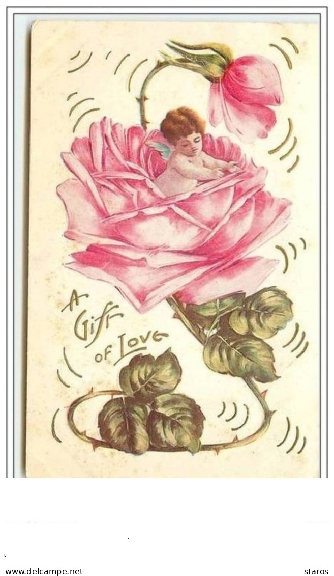 Carte Gaufrée - A Gift Of Love - Angelot Dans Une Rose - Valentine's Day